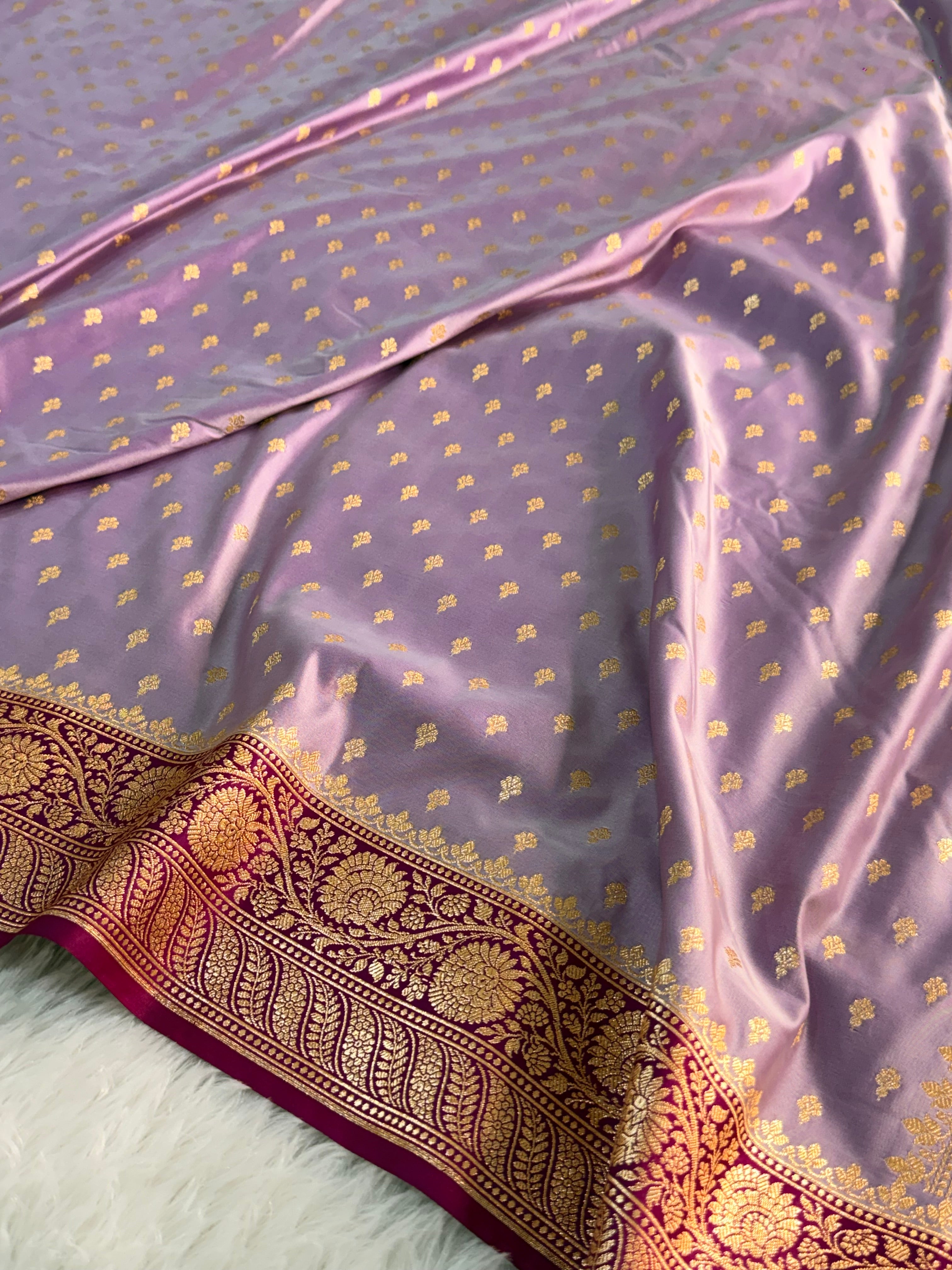 Banarasi Mashru Silk Saree with Buti Design in contrast Lavender colour