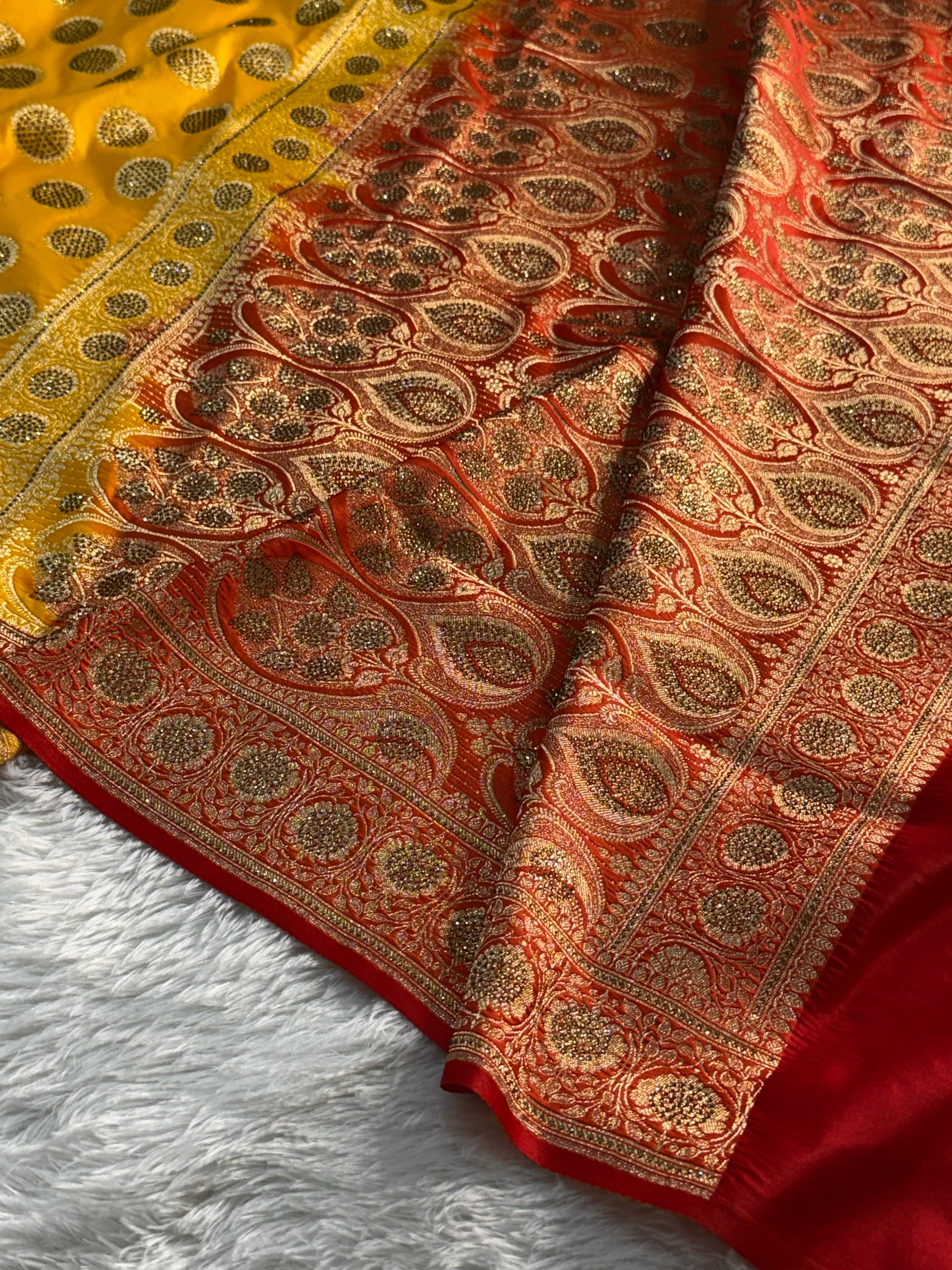 Bridal Mashru Silk Saree with Swaroski Gola work in all over in contrast colour
