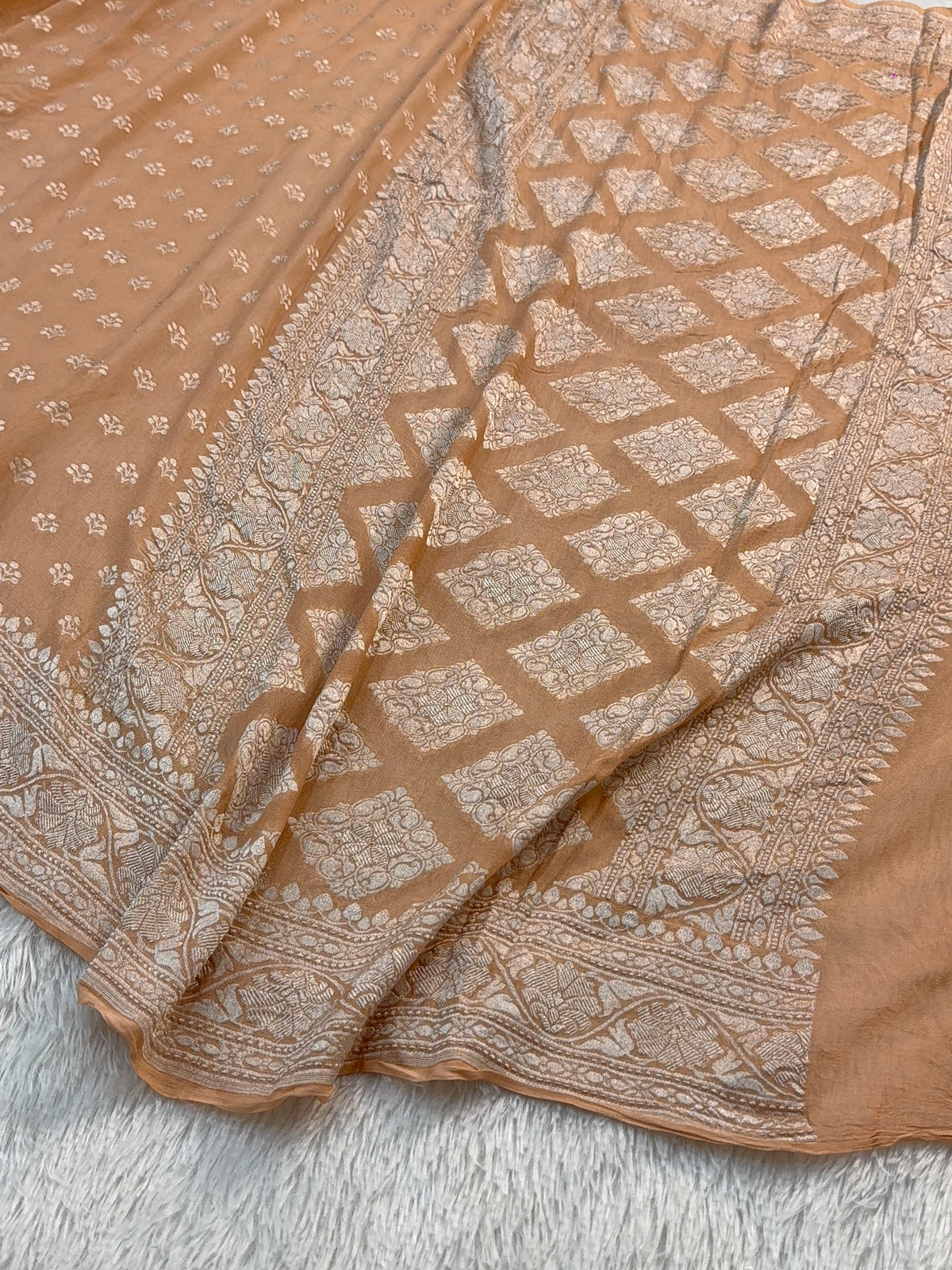 Banarasi Pure Khaddi Chiffon Saree  with Silver Zari Work with Small Motifs Pattern Design in Peach Colour