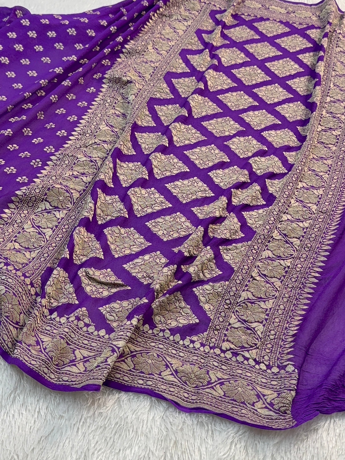 Banarasi Pure Khaddi Chiffon Saree  with Silver Zari Work with Small Motifs Pattern Design in Deep Violet Colour