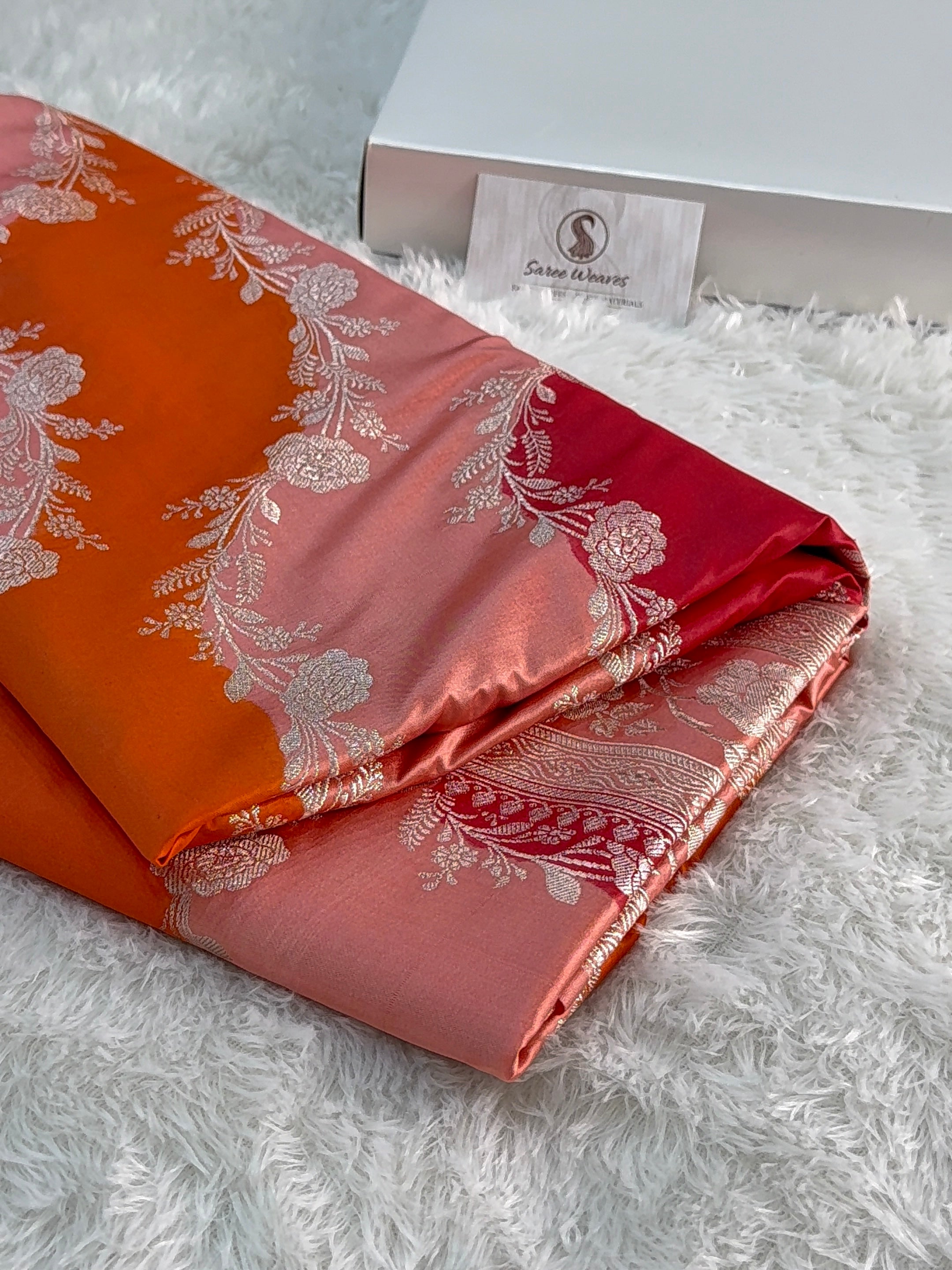 Banarasi mashru silk rangkat saree in aada pattern design in peach, orange, red colour