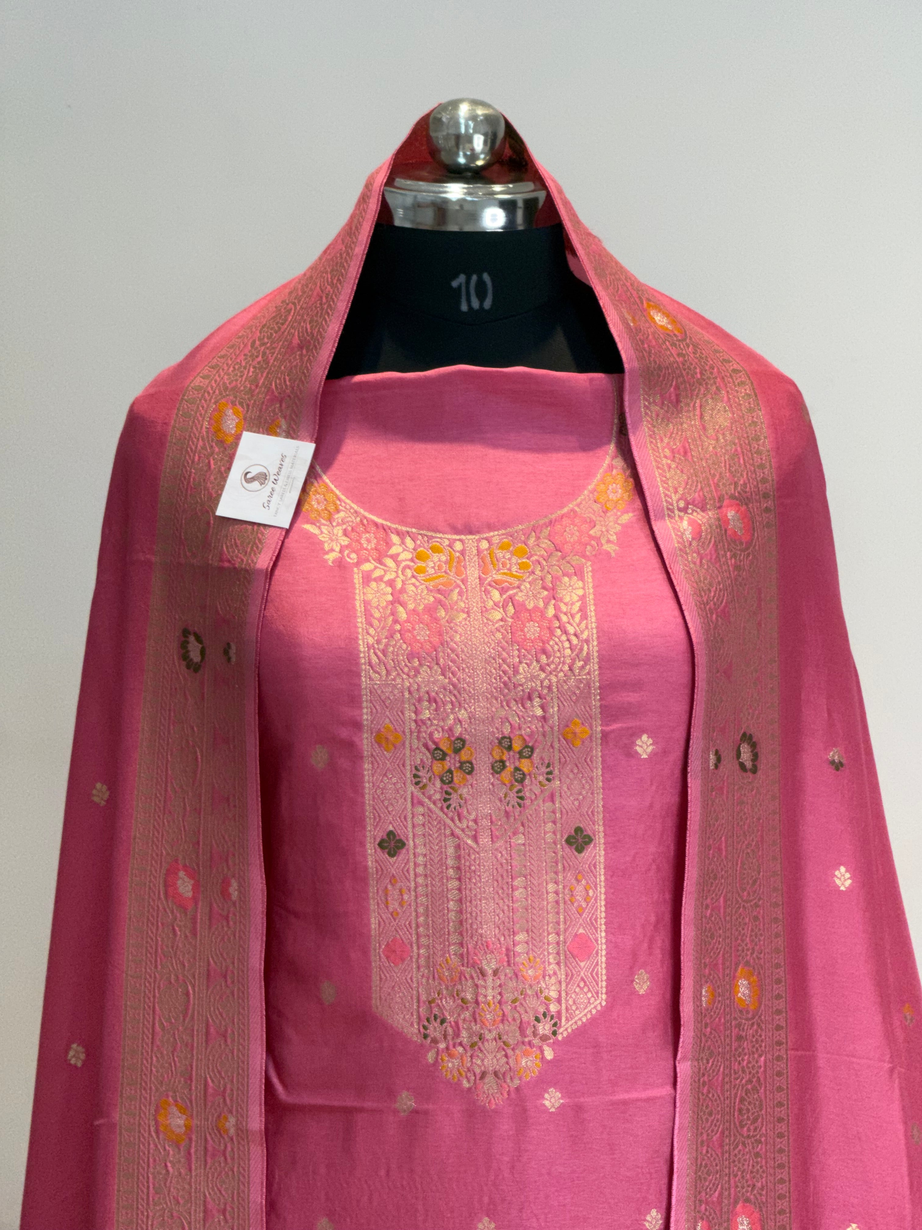 Pure Viscose Meenakari 3 piece Suit with Zari Work with Heavy Dupatta in Rusty pink color