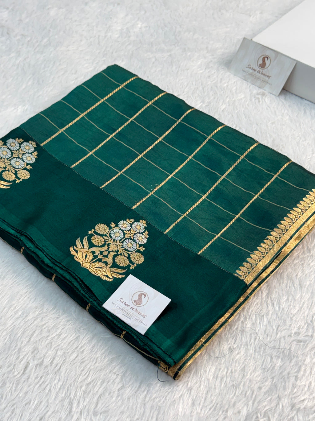 Banarasi Raw Mango Silk Saree with Satin Border with Checks Design in Dark Green Colour