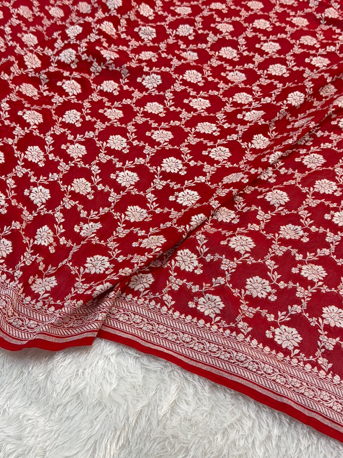 Banarasi Pure Khaddi Chiffon Saree  with Light Gold Zari Work In Floral Jaal Design in Red Colour