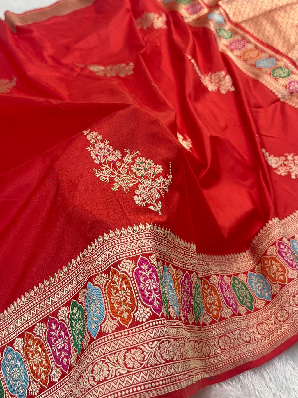 Handwoven Pure Katan Silk Saree in Large Motifs Design with Meenakari in high Percentage Zari Work in Red Colour