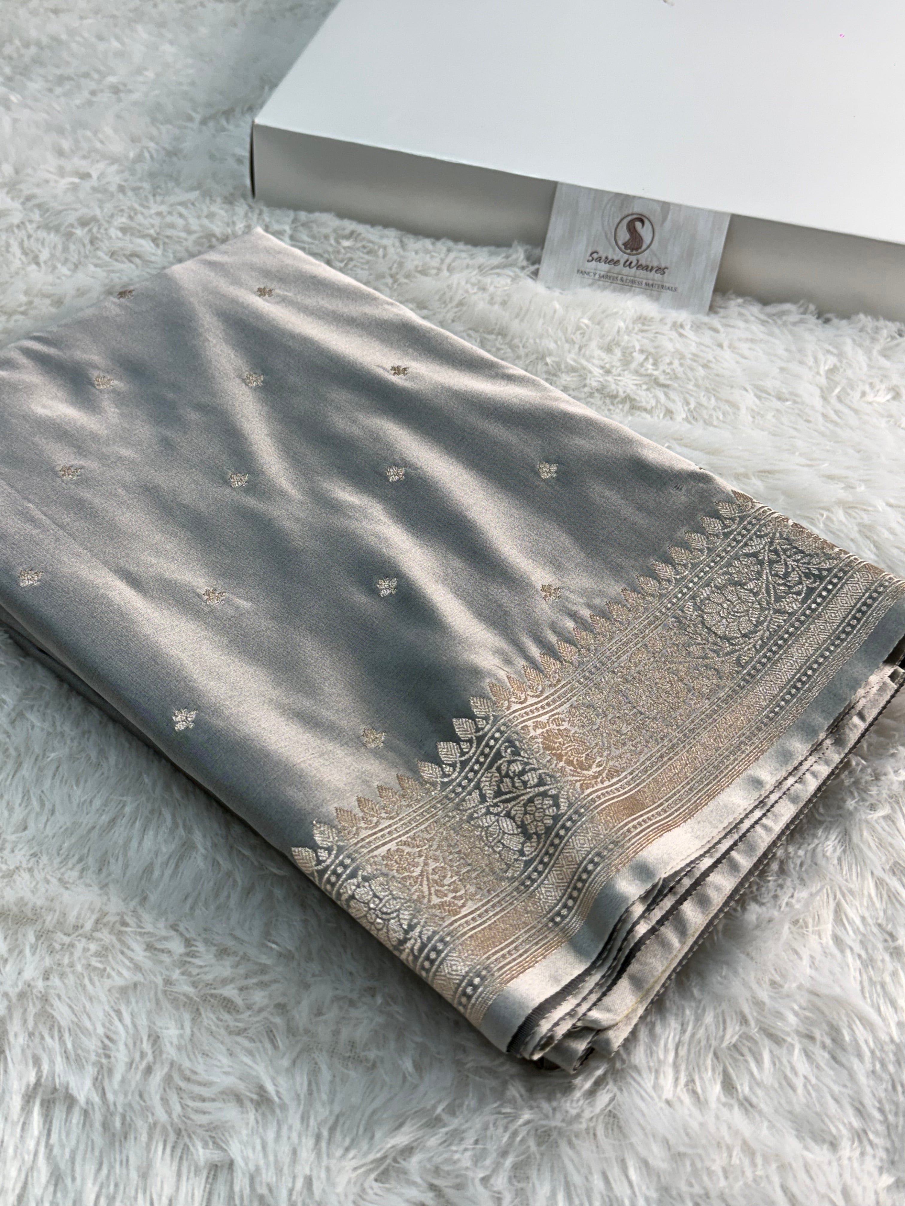 Banarasi Mashru Silk Saree Intricate Buti Design in Light Grey Colour