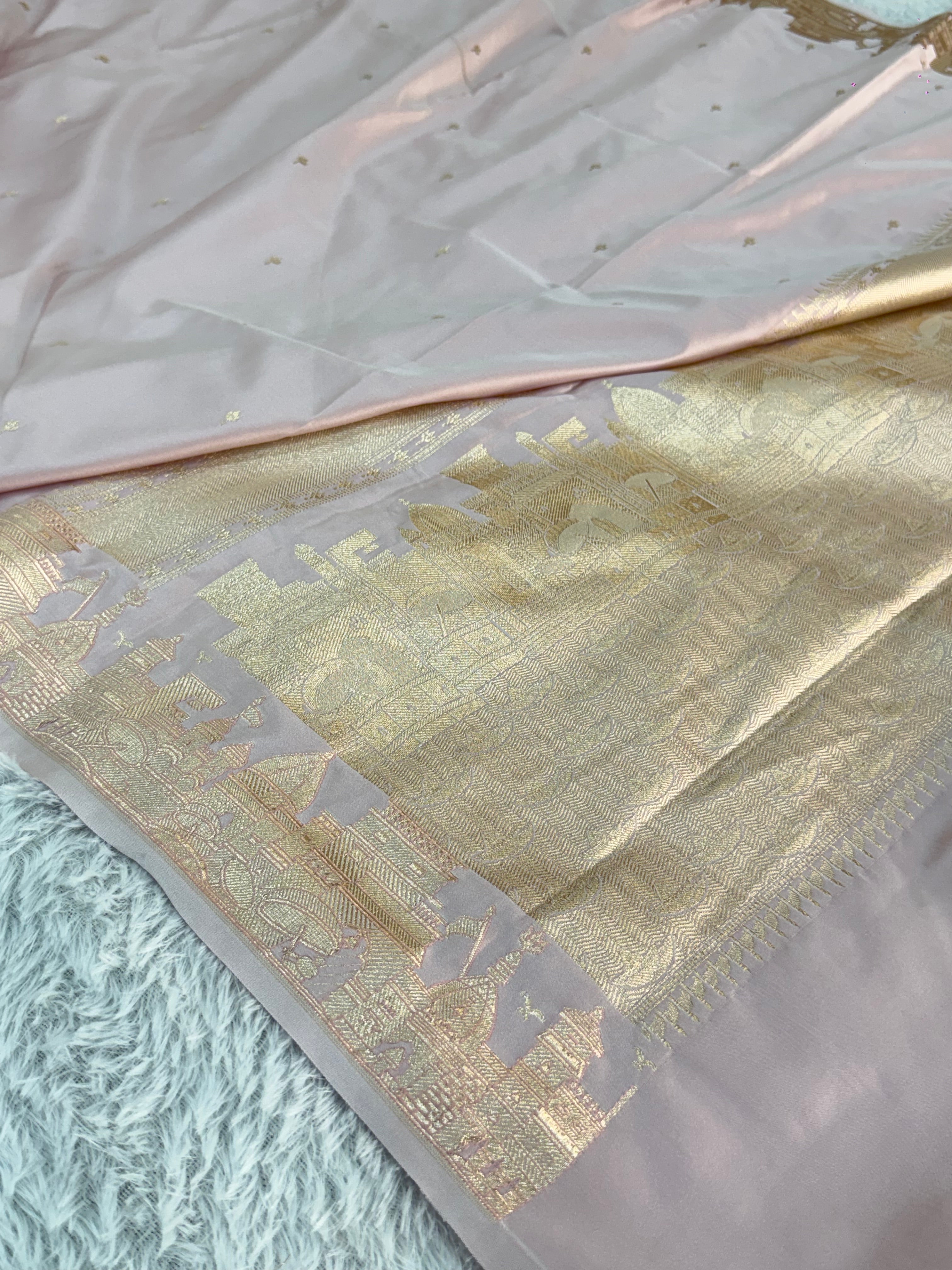 Mashru katan Silk Saree With Kashi Ghat Border Buti Design In Light Pink Colour