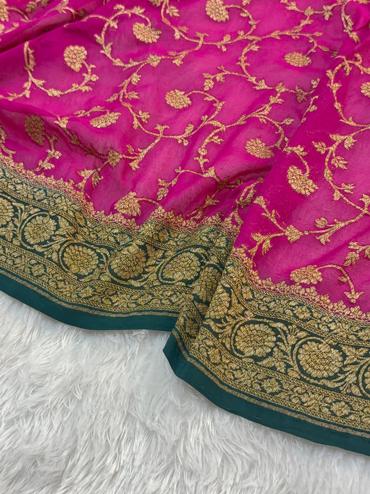 Banarasi Pure Khaddi Chiffon Saree  with Antique Zari Work In Floral Jaal Design in Shot Rani Colour