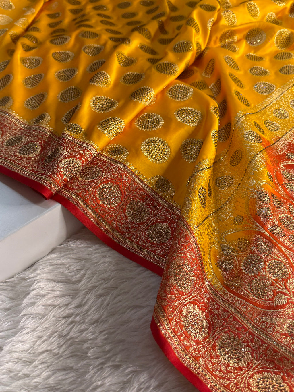 Bridal Mashru Silk Saree with Swaroski Gola work in all over in contrast colour