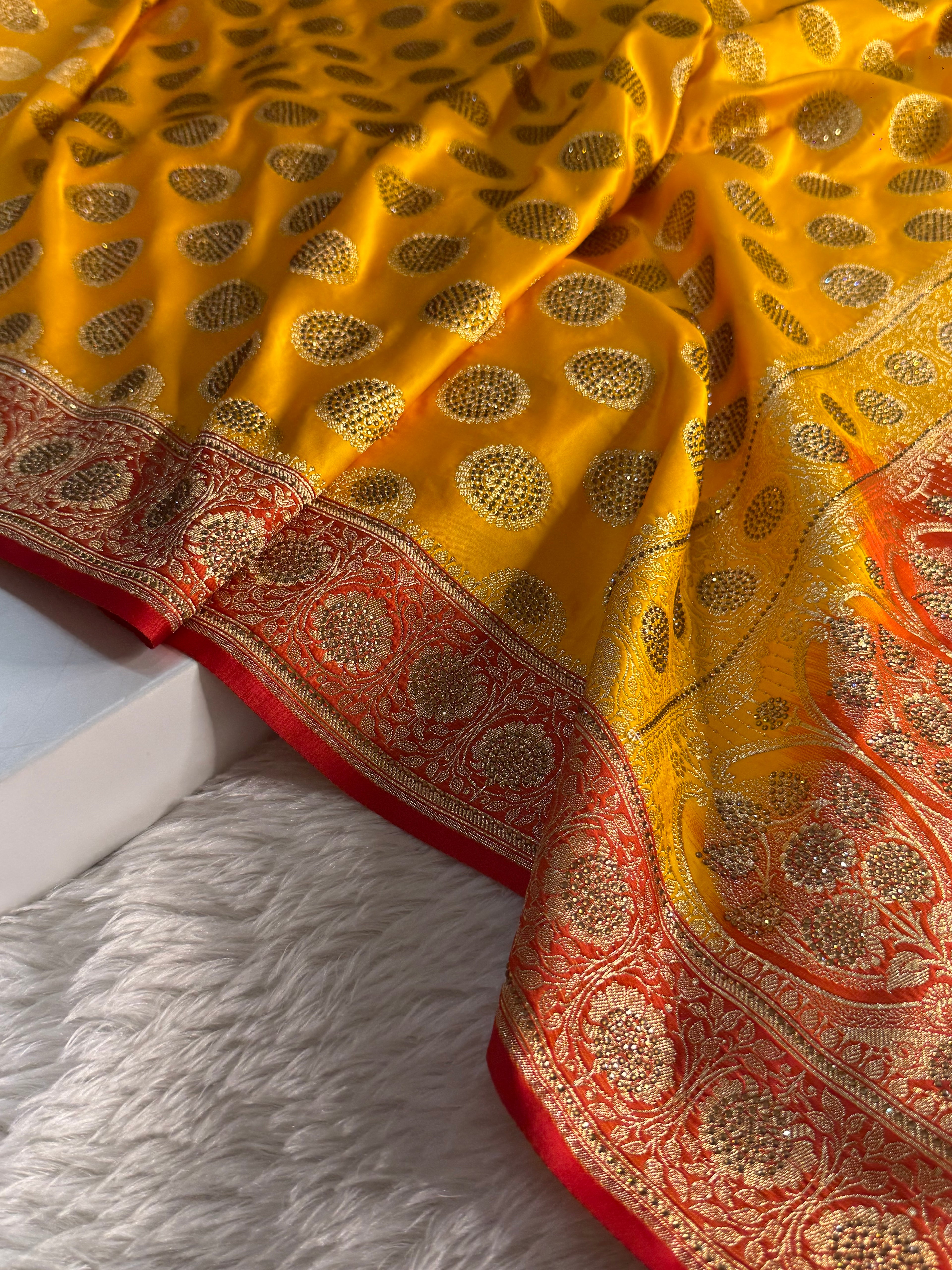 Bridal Mashru Silk Saree with Swaroski Gola work in all over in contrast colour
