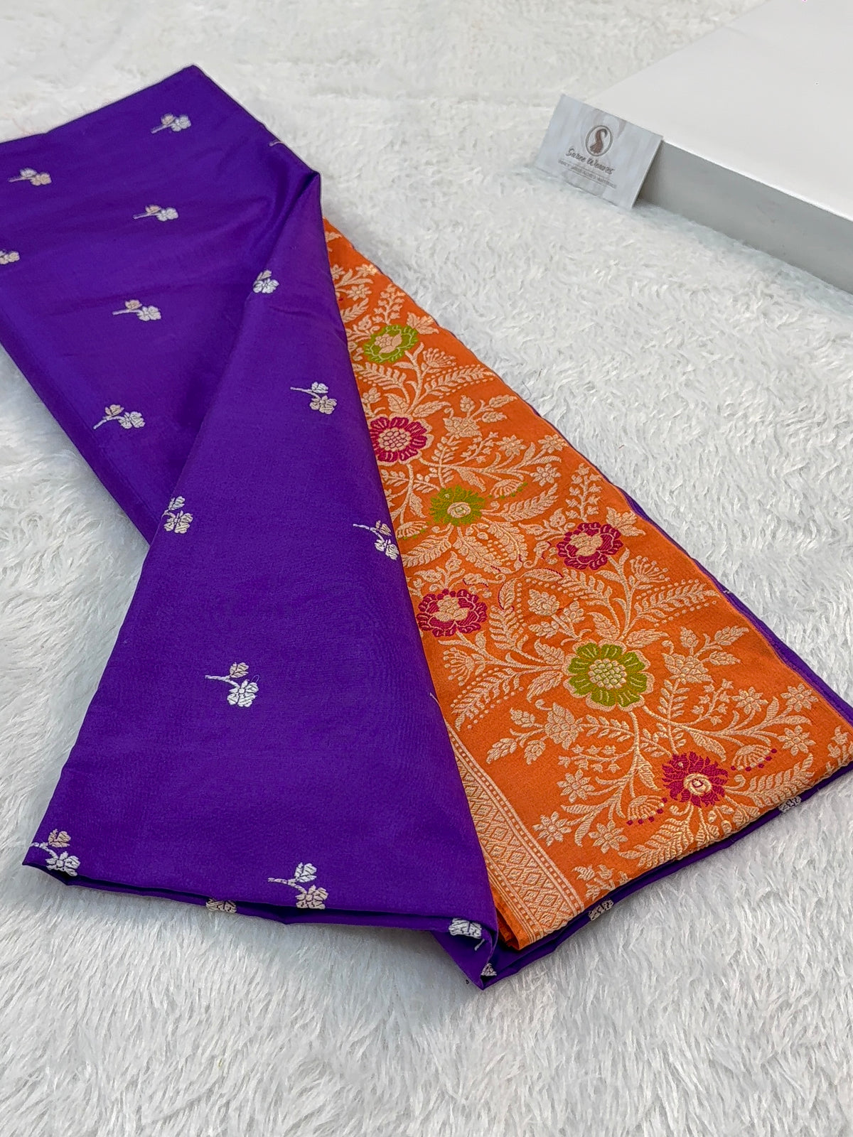 Handwoven pure Katan Silk Saree in Purple Colour in Motifs design With Saperatively Woven Contrast Border with Meenakari Jaal Design in Orange Colour