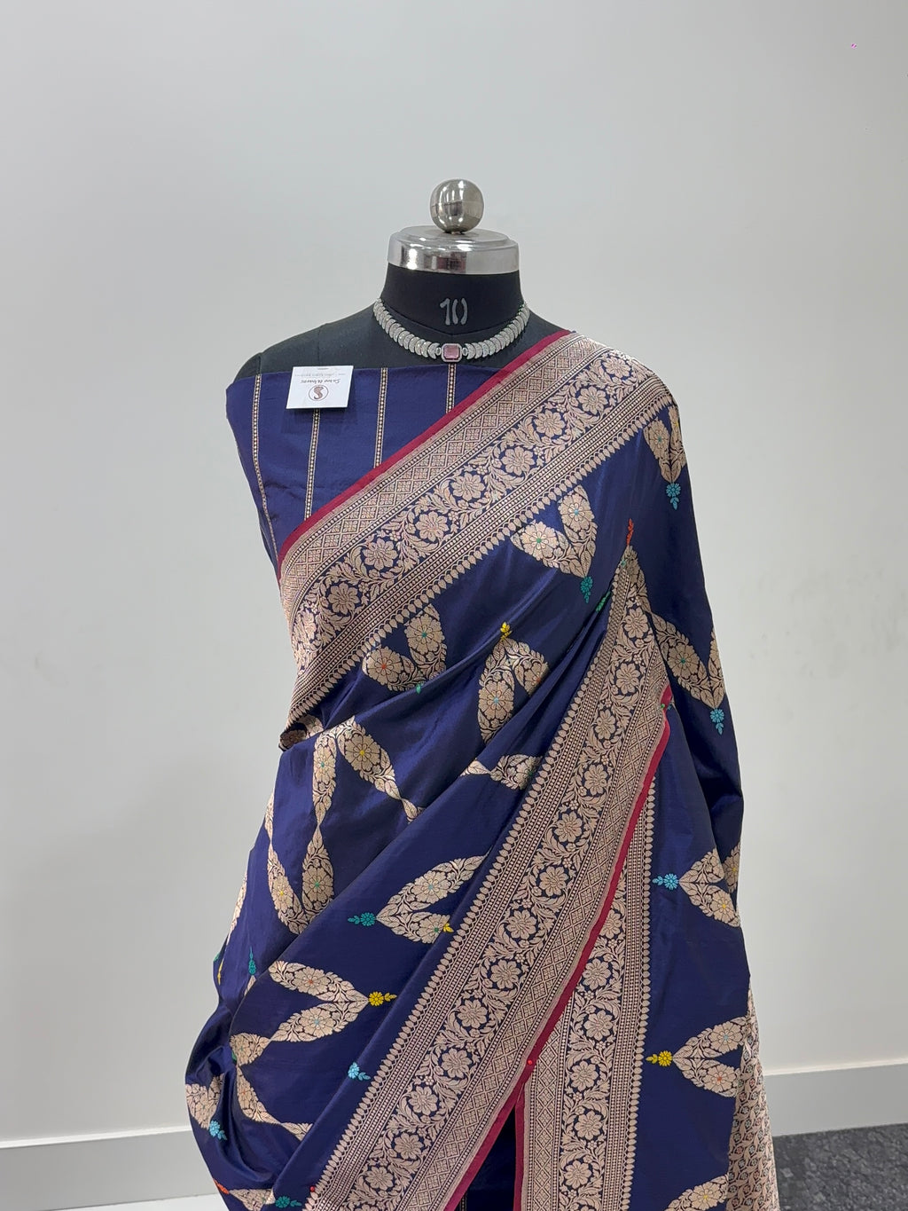 Handwoven Pure Katan Silk Saree in Jewellery Design pattern with meenakari in Light Gold Zari Work in Navy Blue Colour