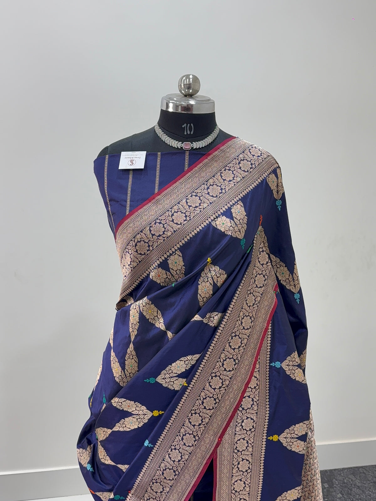 Handwoven Pure Katan Silk Saree in Jewellery Design pattern with meenakari in Light Gold Zari Work in Navy Blue Colour