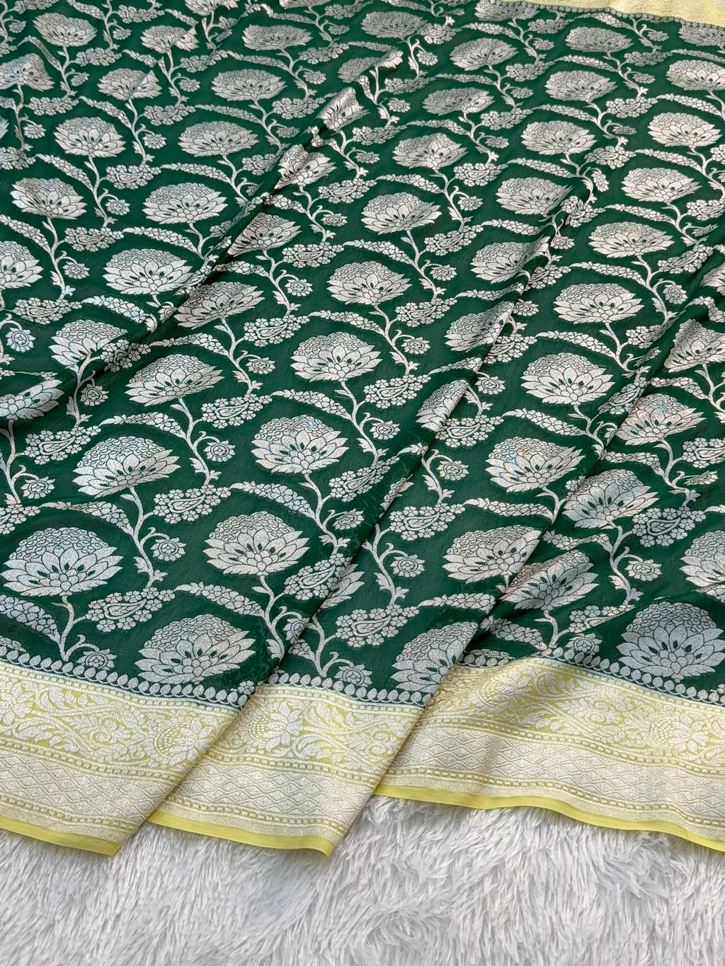 Banarasi Pure Khaddi Chiffon Saree  with Silver Zari Work In Floral Jaal Design in Dark Green and Light Lemon Colour Combination