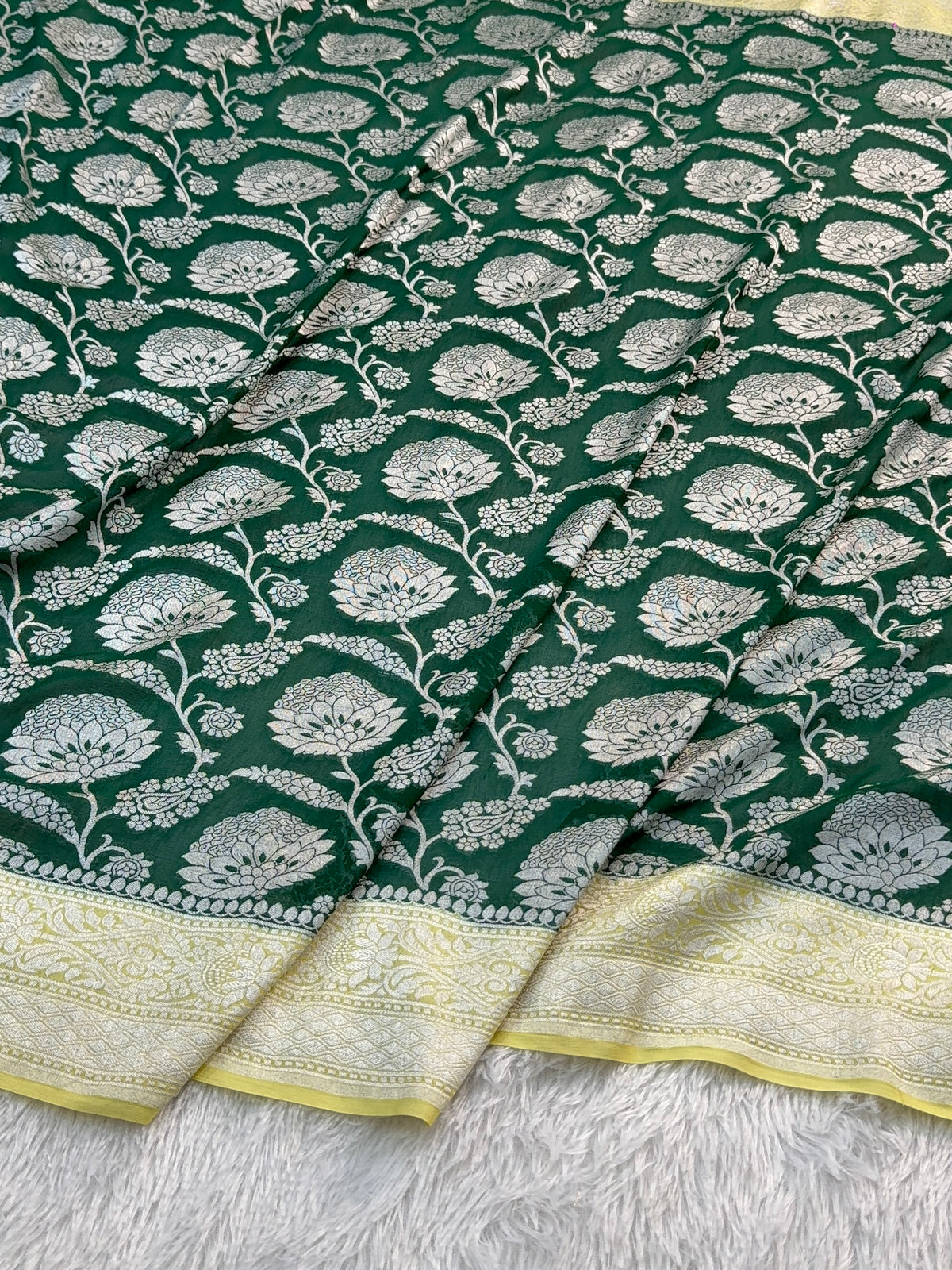 Banarasi Pure Khaddi Chiffon Saree  with Silver Zari Work In Floral Jaal Design in Dark Green and Light Lemon Colour Combination