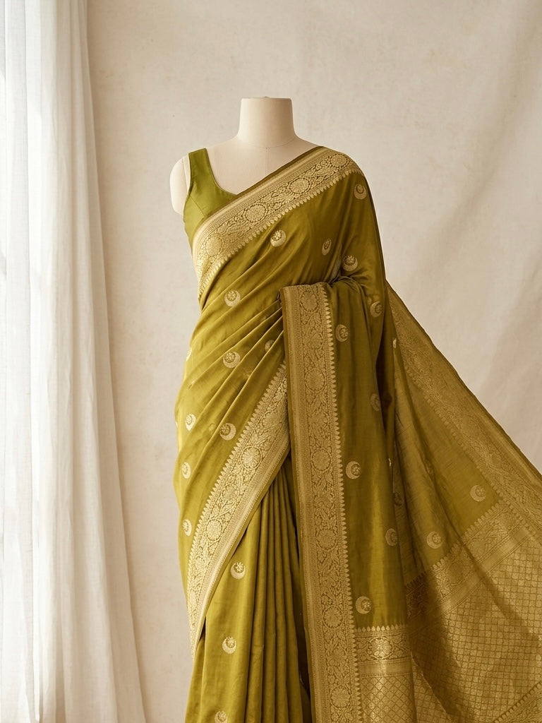 Banarasi Raw Mango Silk Saree in Chand Tara Design in Mustard Color