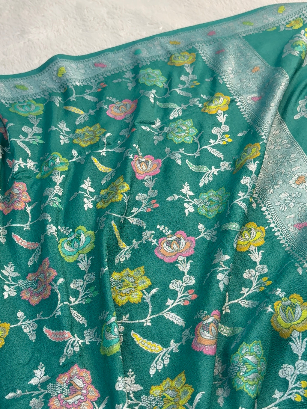 Pure Desi Tussar Silk Saree with Meenakari Floral Jaal Pattern in Sea Green Colour