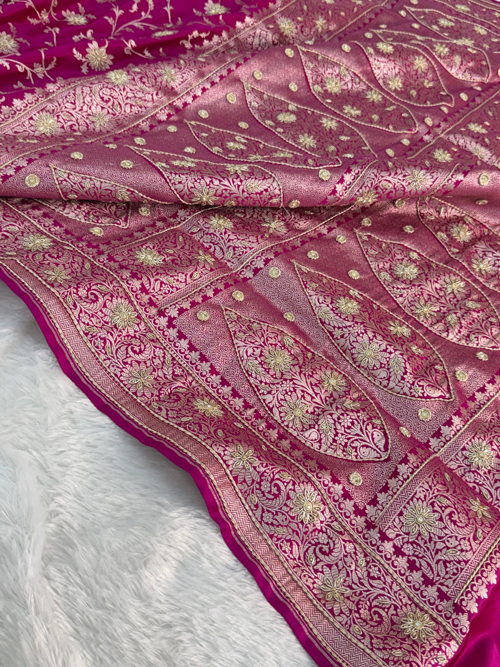 Mashru Bridal saree in Rani color shade with Art of handwork