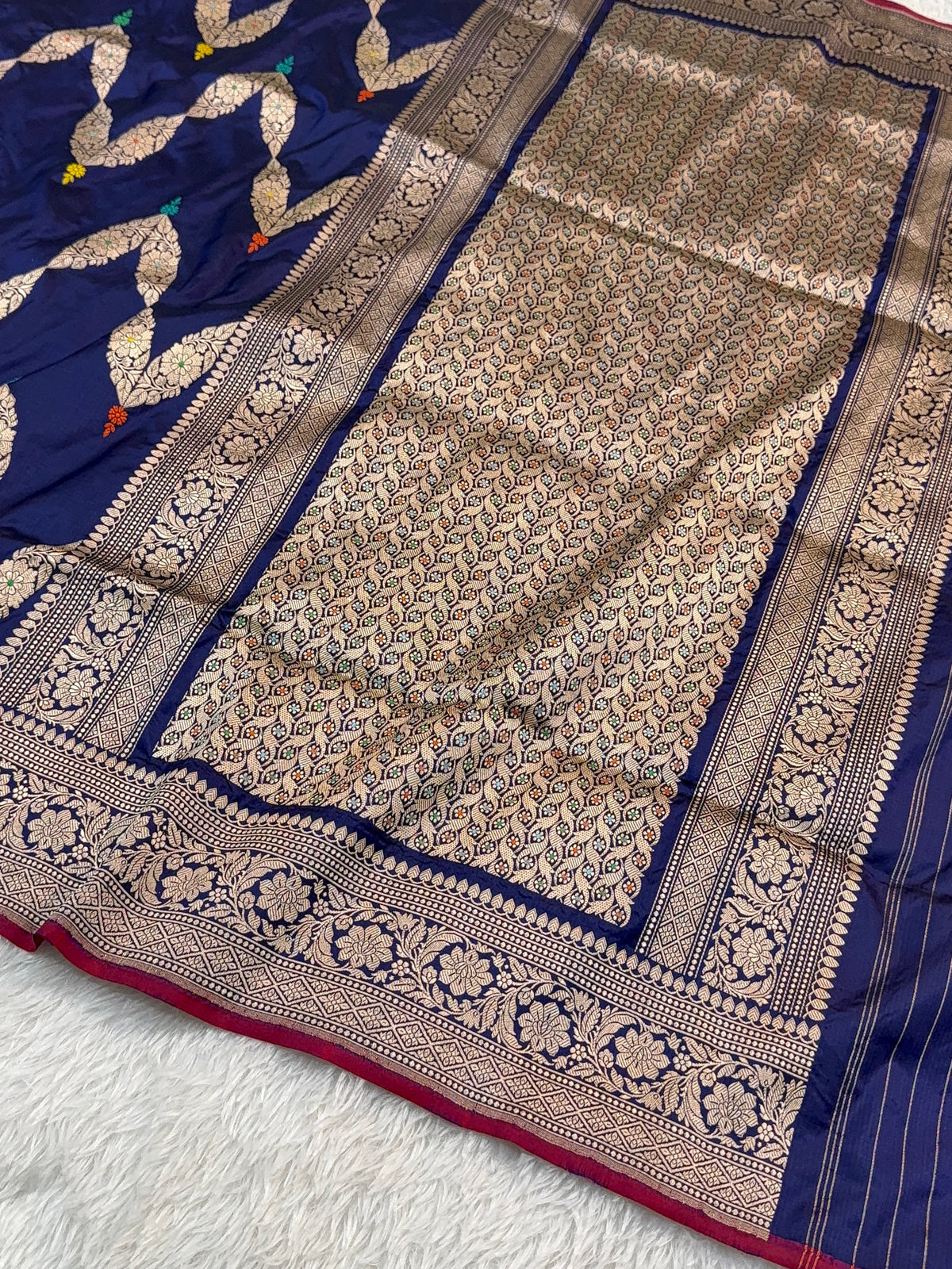 Handwoven Pure Katan Silk Saree in Jewellery Design pattern with meenakari in Light Gold Zari Work in Navy Blue Colour