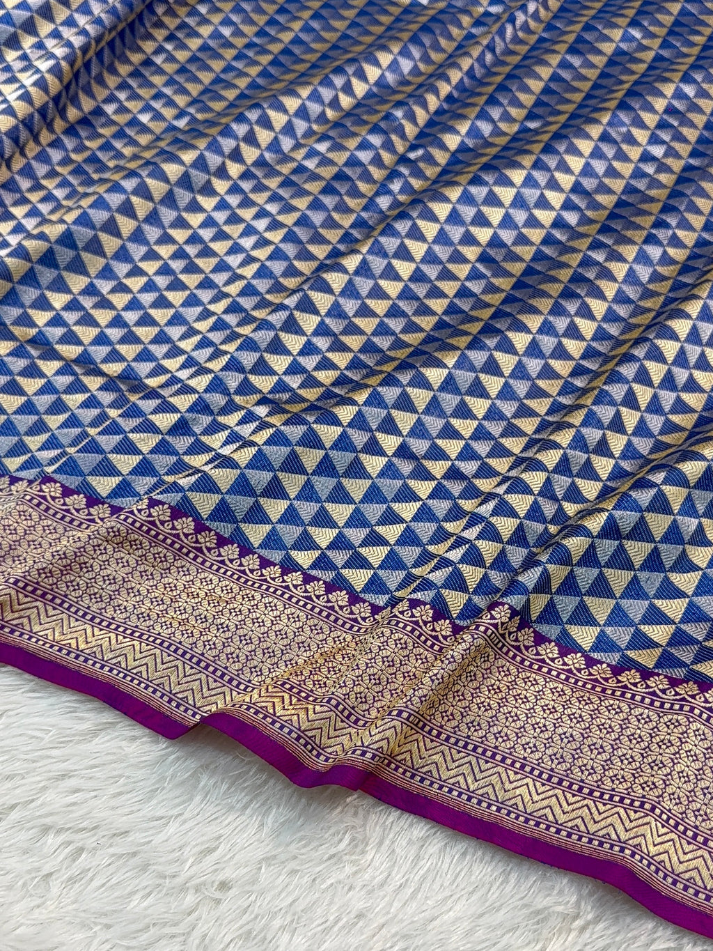Handwoven Pure Katan Silk Saree With Silver and Gold Zari Brocade Weaving In Temple Jaal Design Pattern In Combination Of Light Blue And Navy Shade