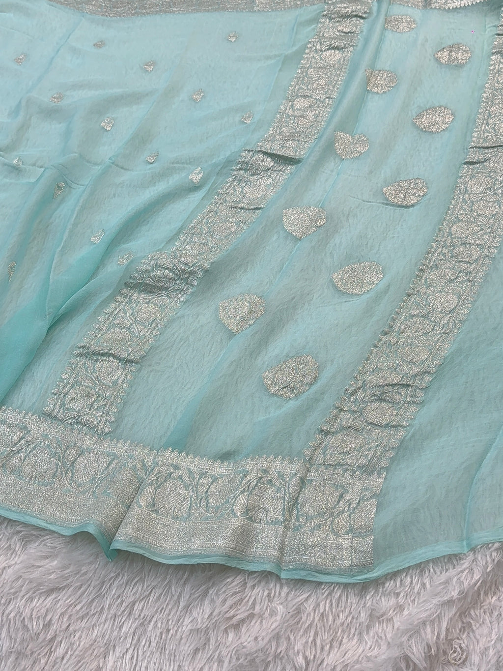 Banarasi Pure Khaddi Chiffon Saree  in Silver Zari with Small Interlocked Motifs Design in Powder Blue Colour
