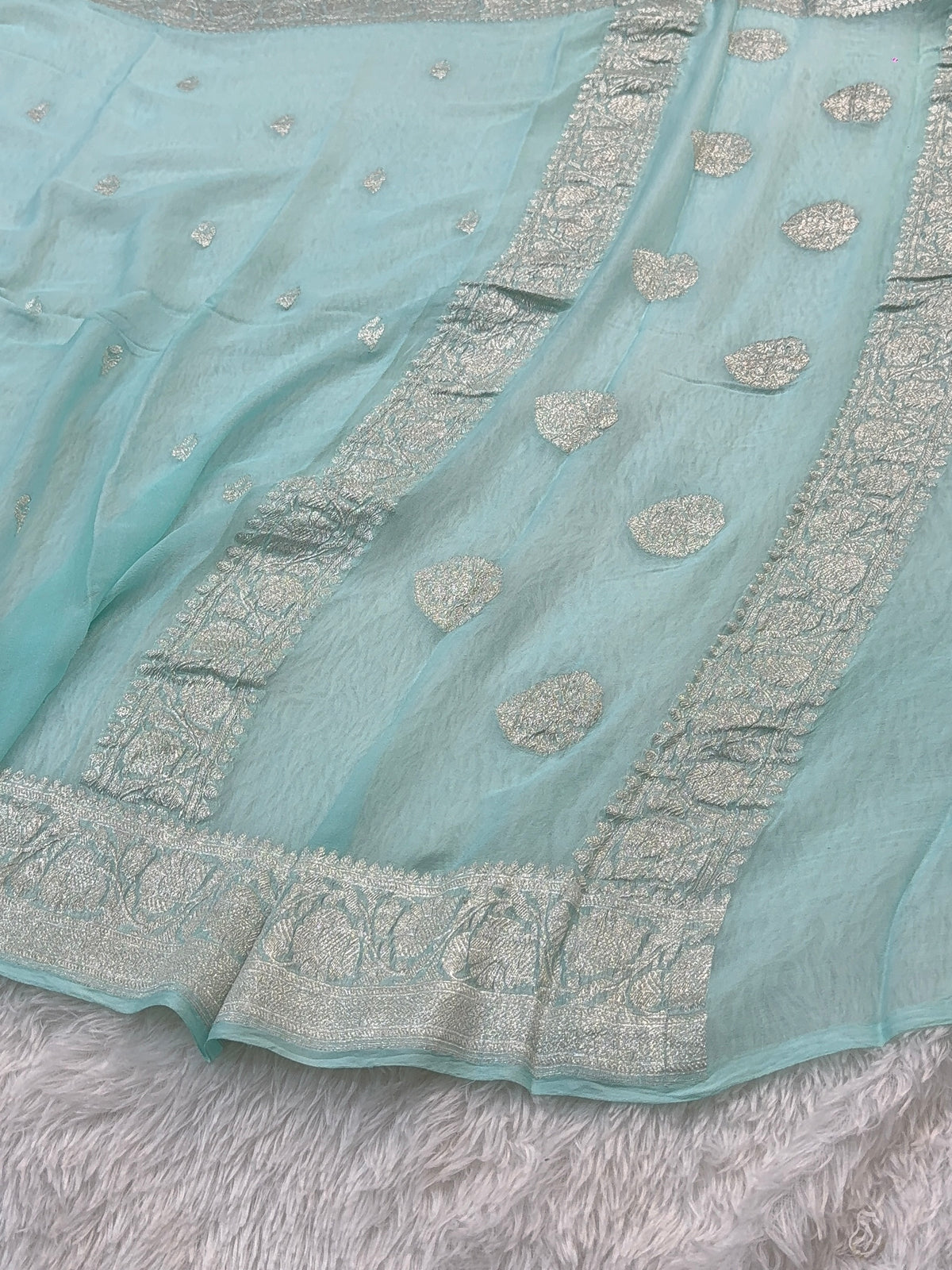 Banarasi Pure Khaddi Chiffon Saree  in Silver Zari with Small Interlocked Motifs Design in Powder Blue Colour