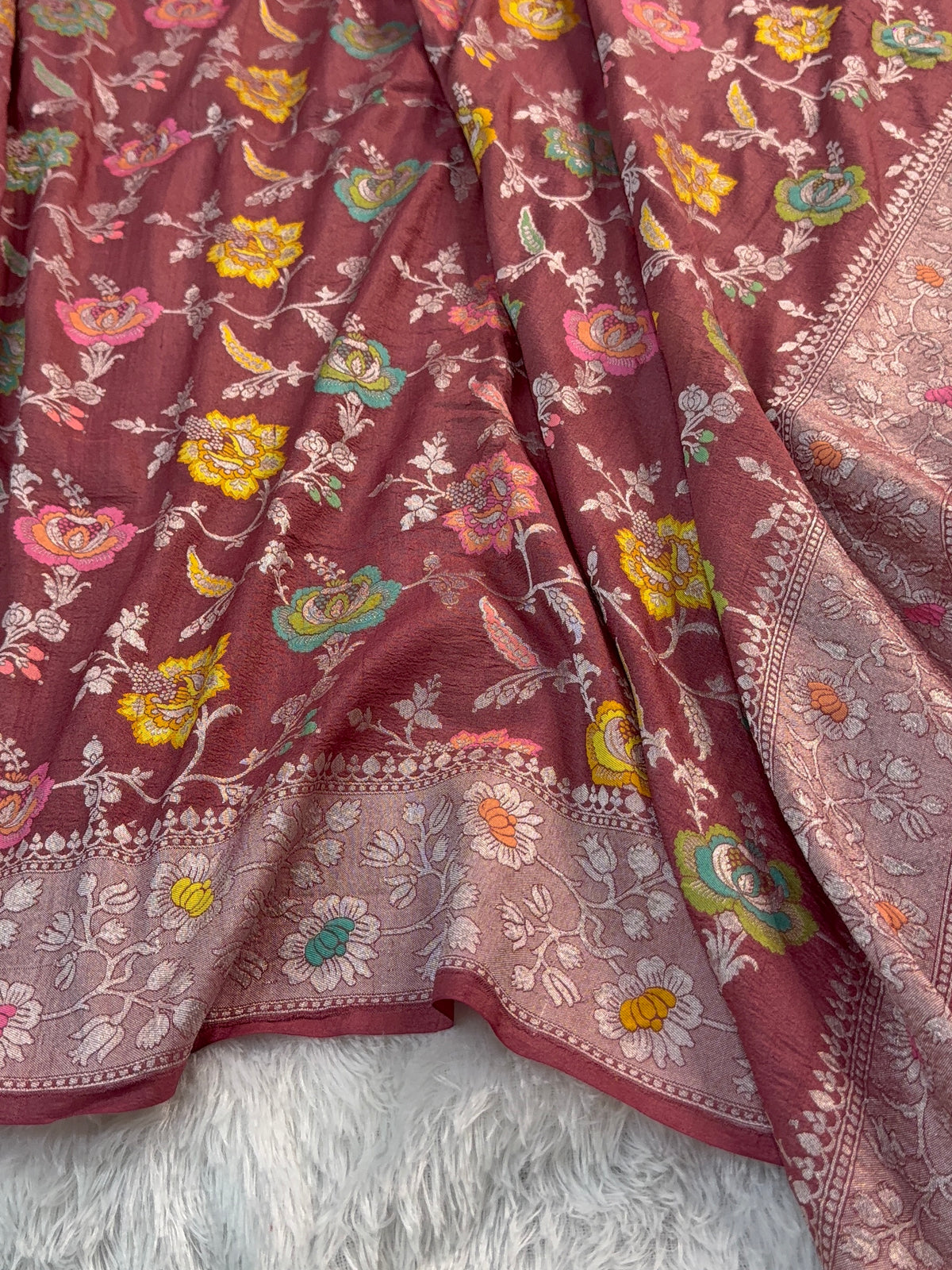 Pure Desi Tussar Silk Saree with Meenakari Floral Jaal Pattern in Wine Colour