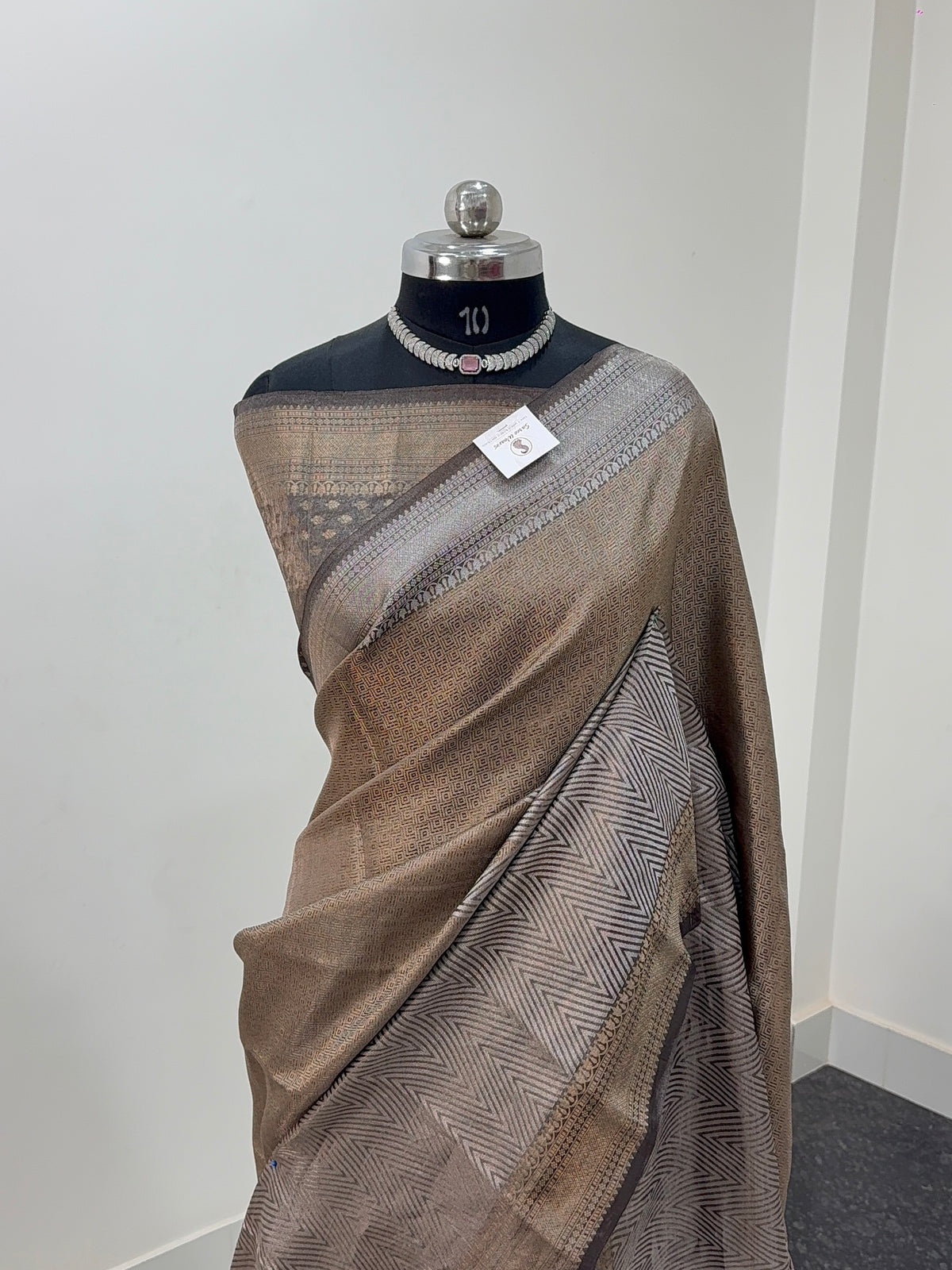 Pure Tissue Silk Saree with Brocade Weave in Silver and Gold Zari Work in Coffee Brown Colour