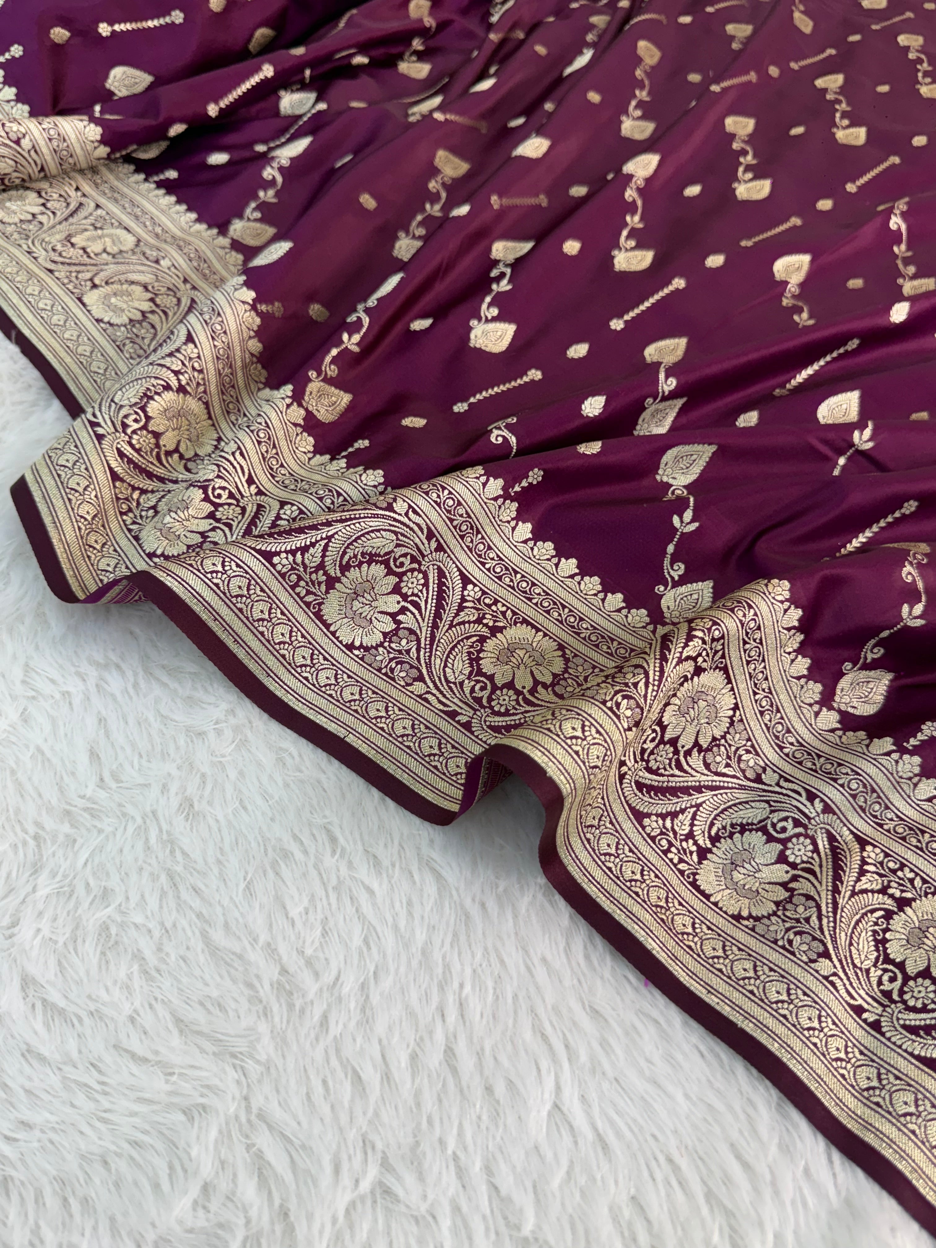 Banarasi Mashru Silk Saree Intricate Buti Design in majenta color