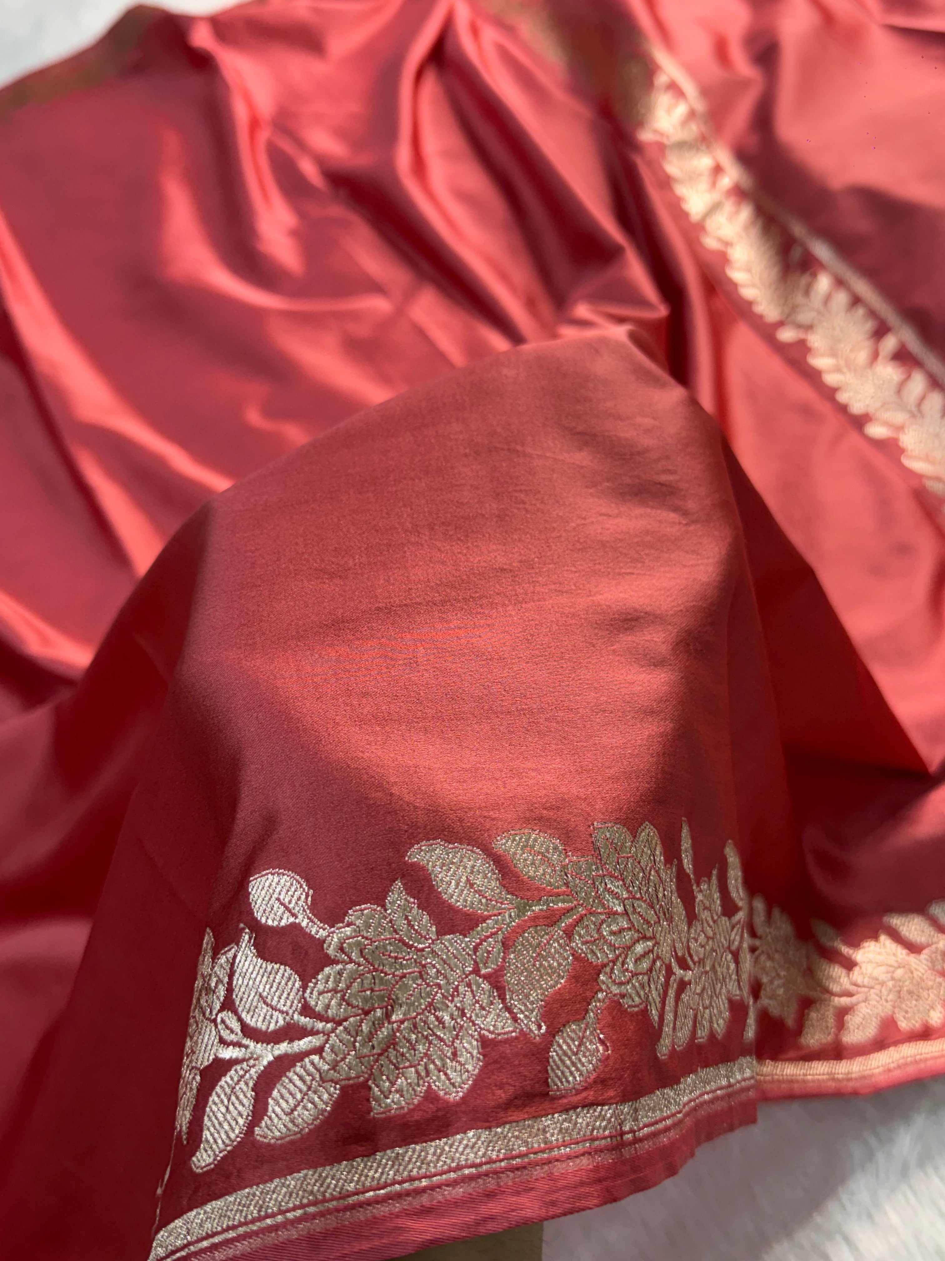 Banarasi Mashru Silk Saree with plain body and floral border Design in Rusty Pink colour