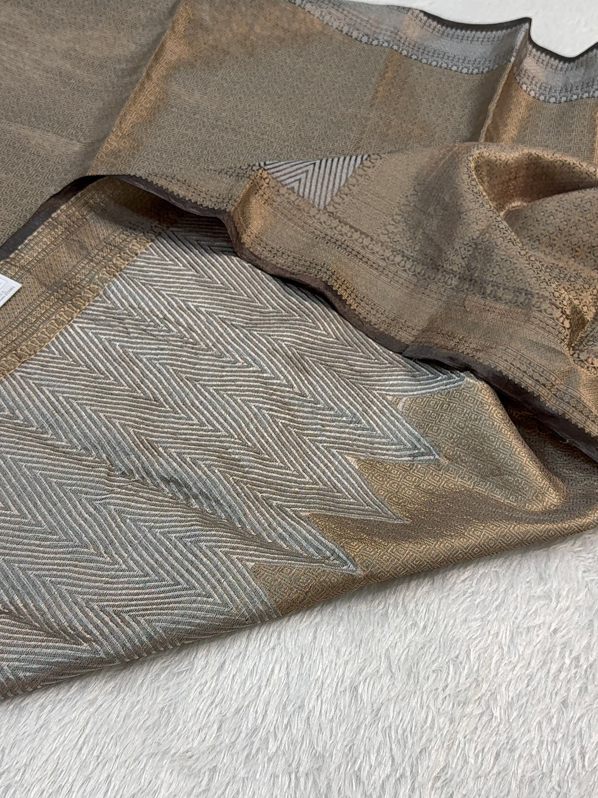 Pure Tissue Silk Saree with Brocade Weave in Silver and Gold Zari Work in Coffee Brown Colour