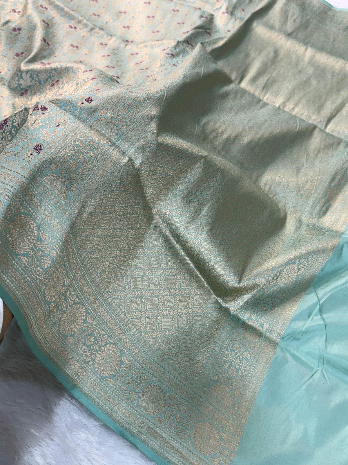 Banarasi pure katan silk saree with brocade meenakari jaal design in Light Sea Green colour