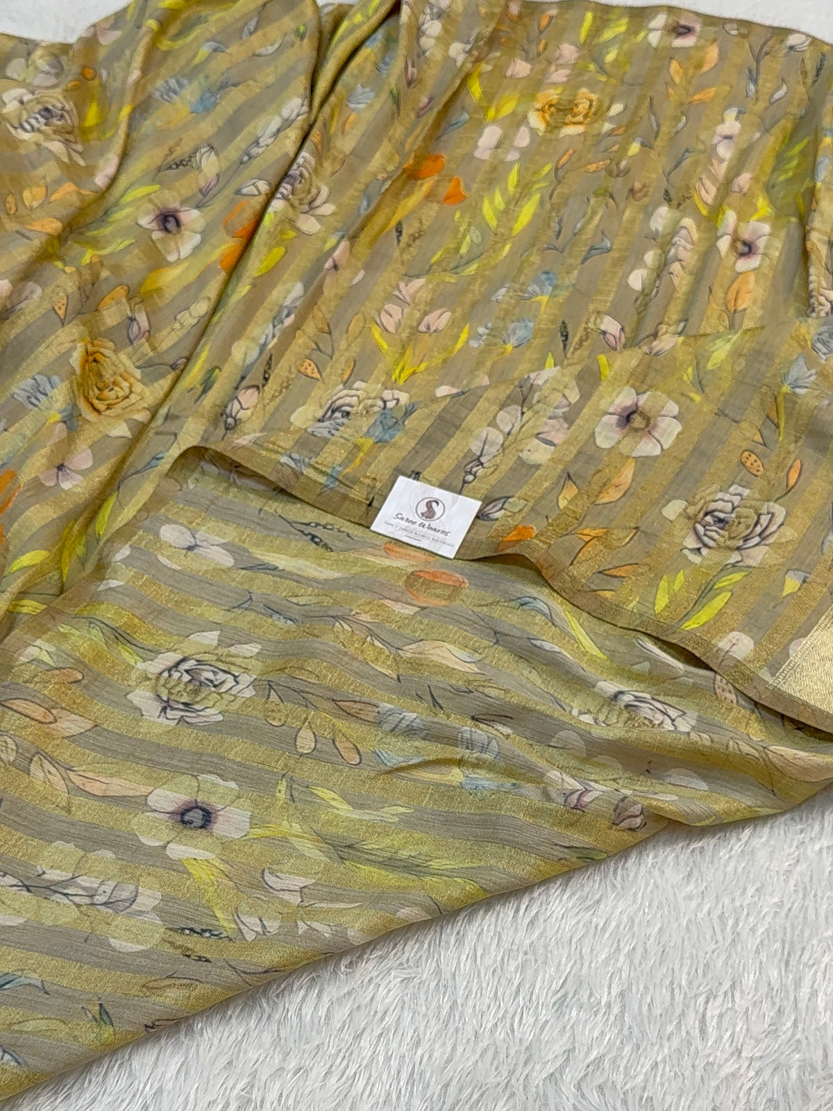 Pure Monga Silk saree with Digital Print Design and Vertical Stripes Zari Work