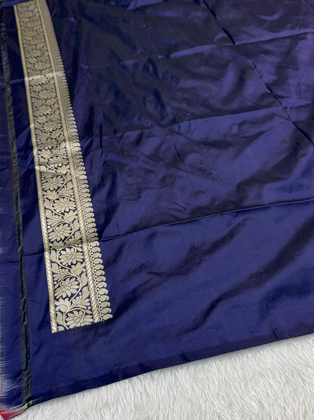 Handwoven pure katan silk saree with interlock weaving motifs in Light gold zari in Navy Blue Colour
