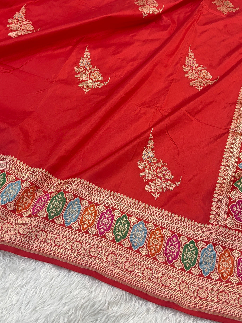 Handwoven Pure Katan Silk Saree in Large Motifs Design with Meenakari in high Percentage Zari Work in Red Colour