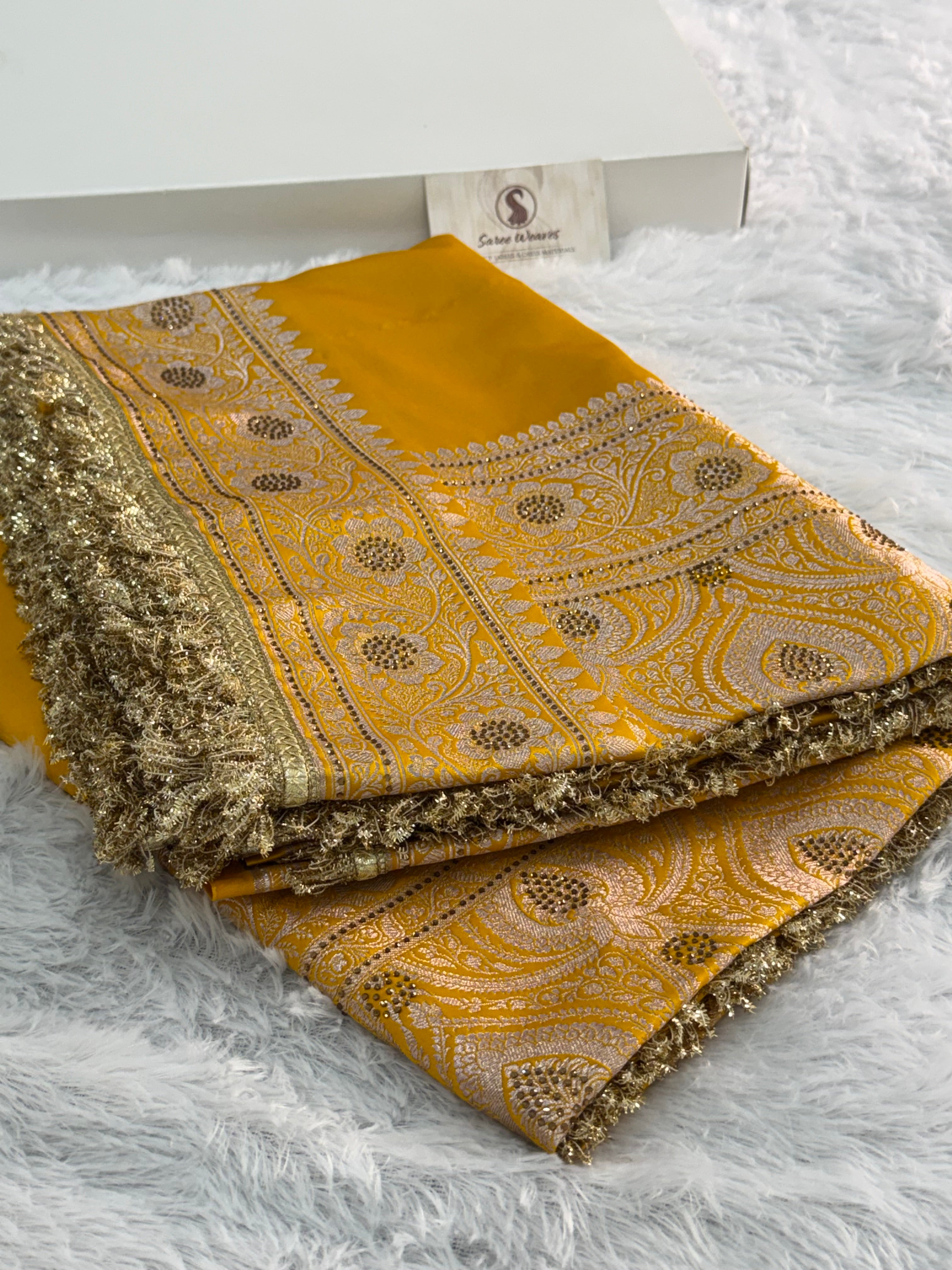 Bridal Banarasi Mashru Silk Saree with Stone Work In Border And Pallu, In Yellow Color