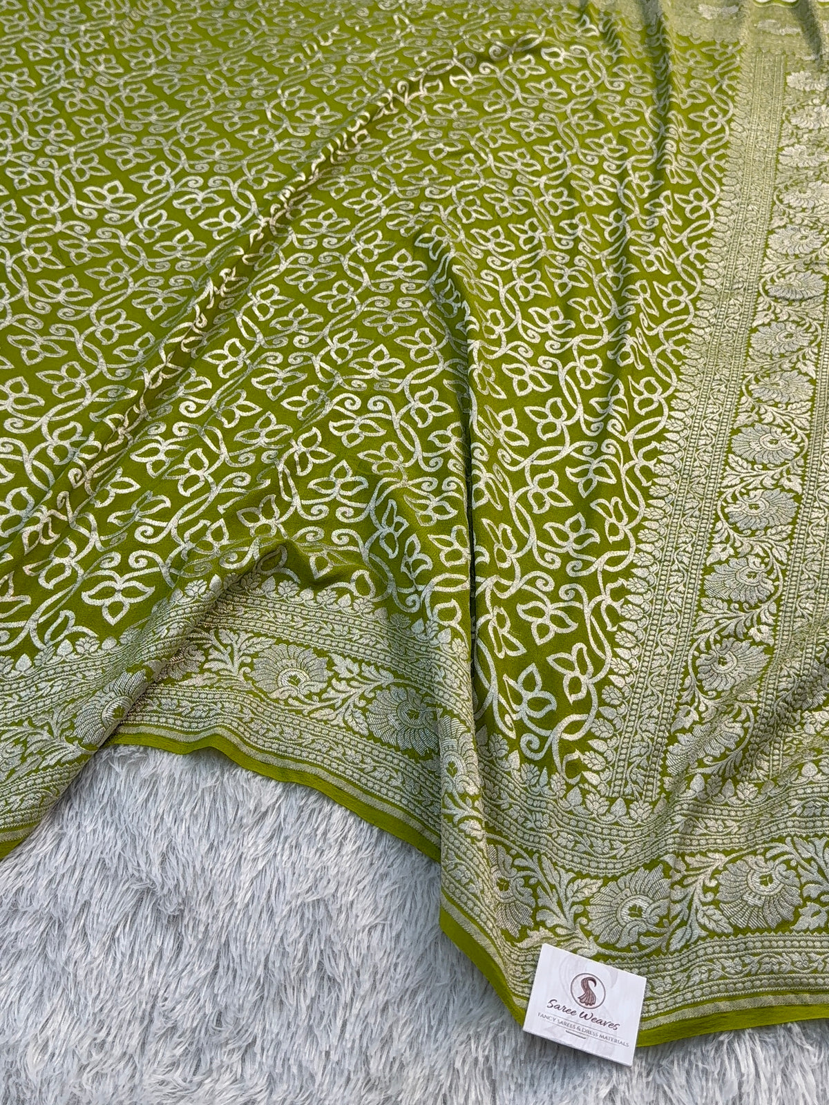 Banarasi Pure Khaddi Chiffon Saree in Zari Jaal  Design in Rusty Green Colour