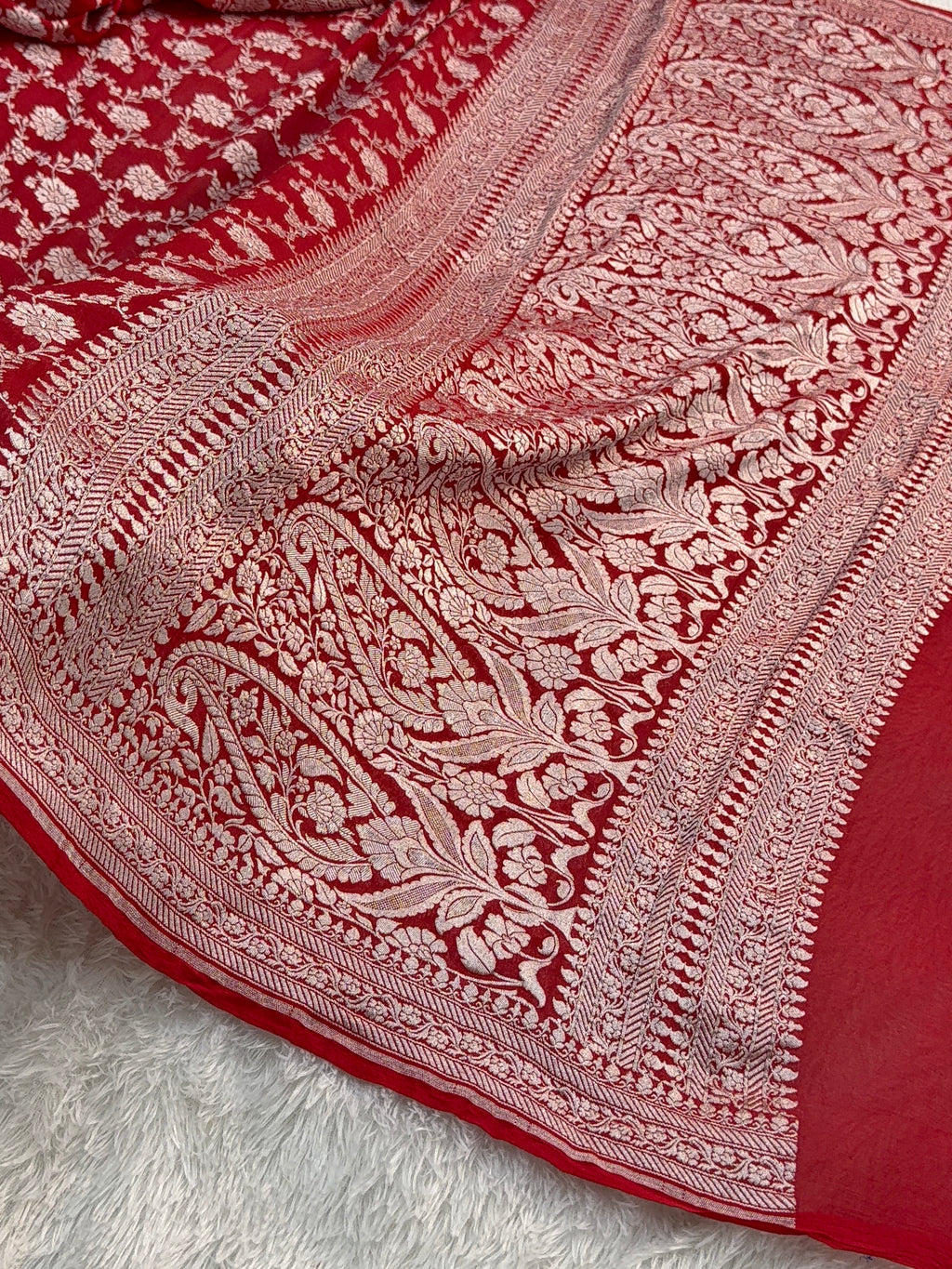 Banarasi Pure Khaddi Chiffon Saree  with Light Gold Zari Work In Floral Jaal Design in Red Colour