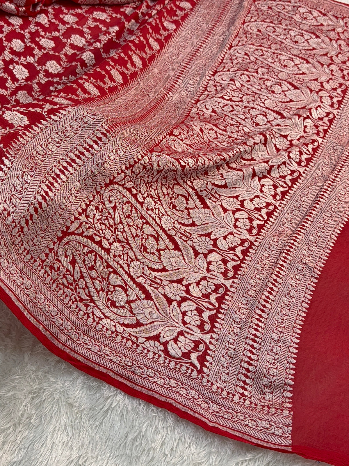 Banarasi Pure Khaddi Chiffon Saree  with Light Gold Zari Work In Floral Jaal Design in Red Colour