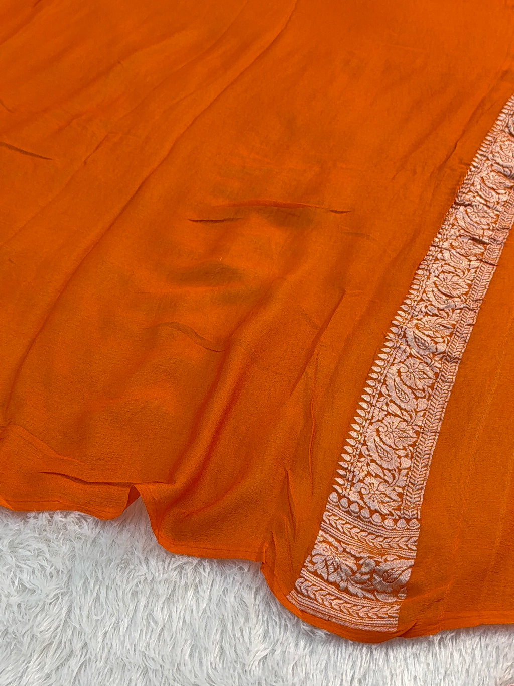 Banarasi Pure Khaddi Chiffon Saree  with Light Gold Zari Work In Floral Motifs Design in Orange Colour