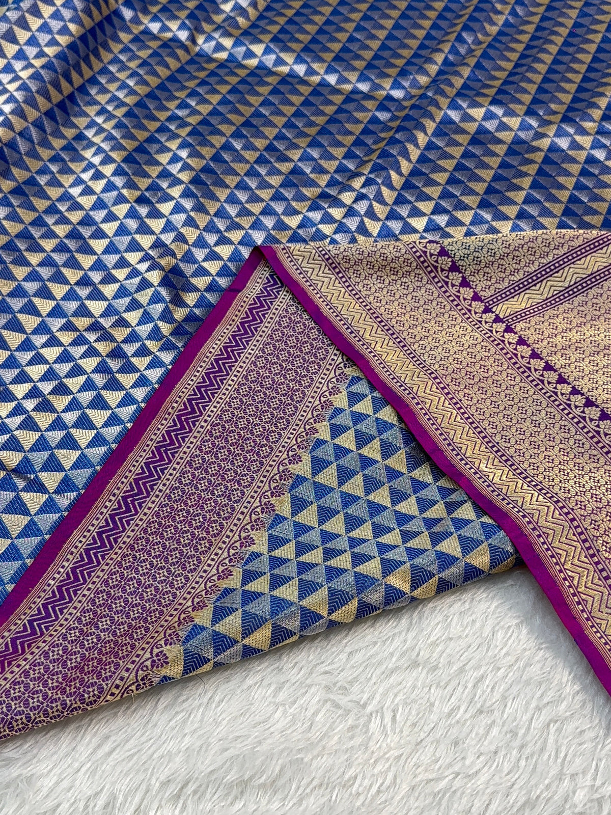 Handwoven Pure Katan Silk Saree With Silver and Gold Zari Brocade Weaving In Temple Jaal Design Pattern In Combination Of Light Blue And Navy Shade