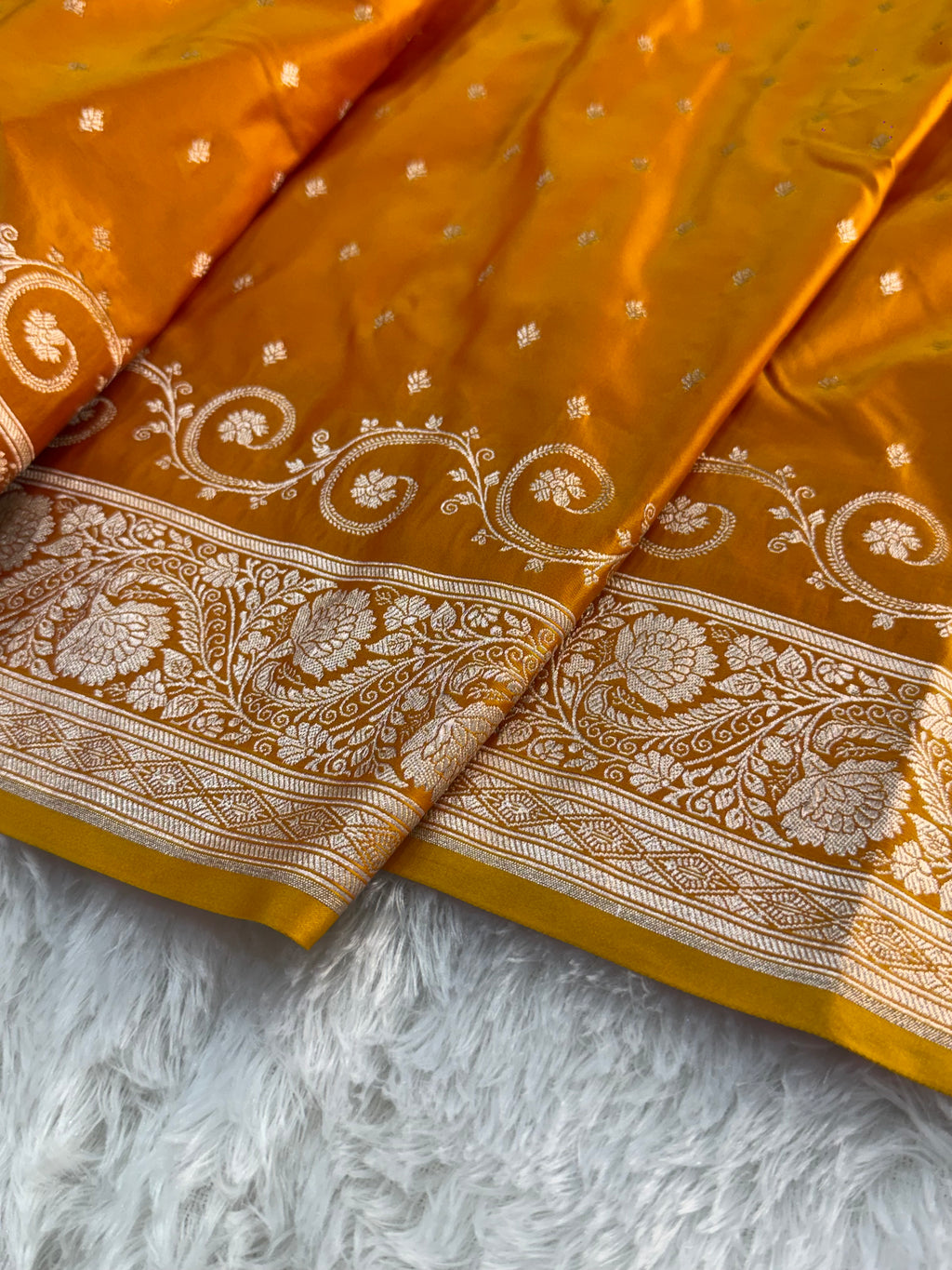 Banarasi Mashru Silk Saree Intricate Buti Design in Dual tone Mustard and Orange Colour
