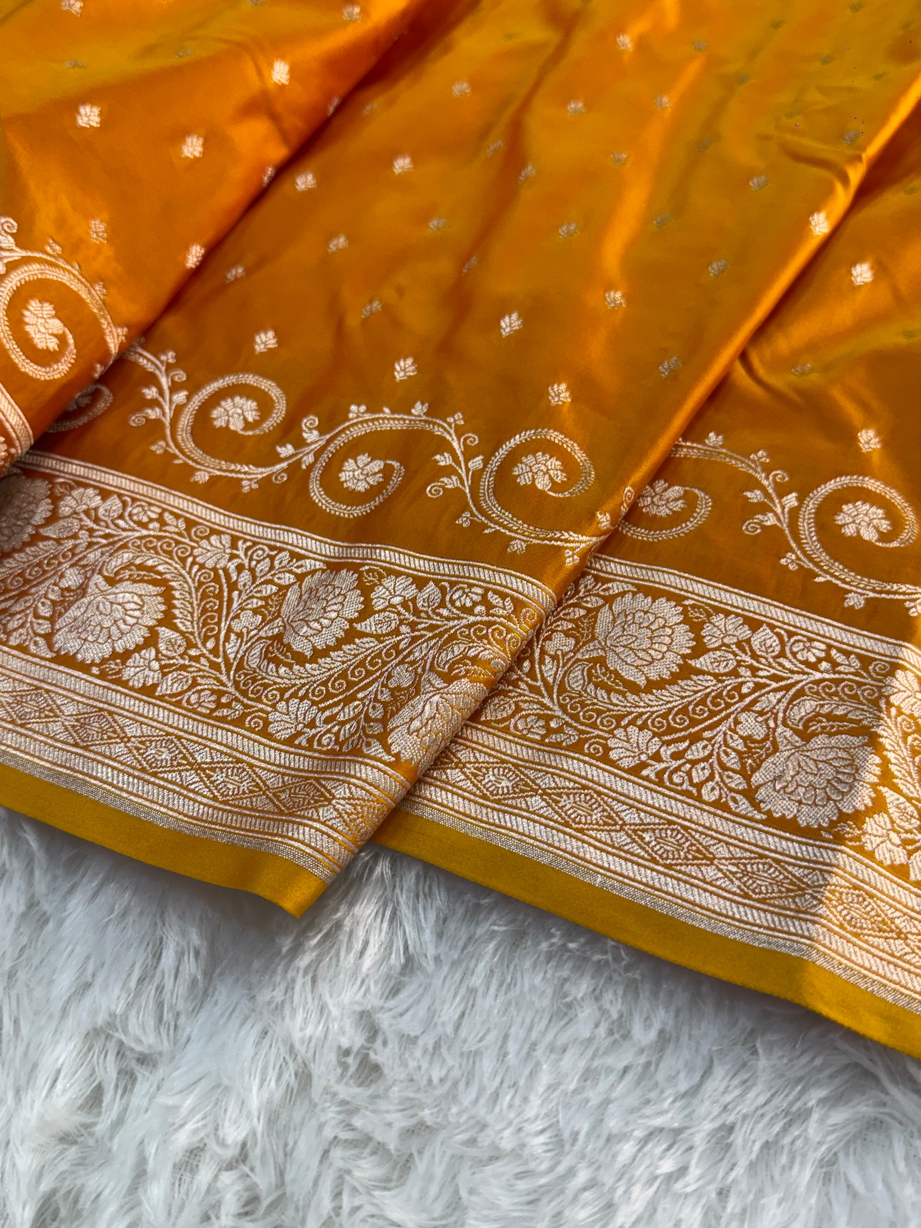 Banarasi Mashru Silk Saree Intricate Buti Design in Dual tone Mustard and Orange Colour