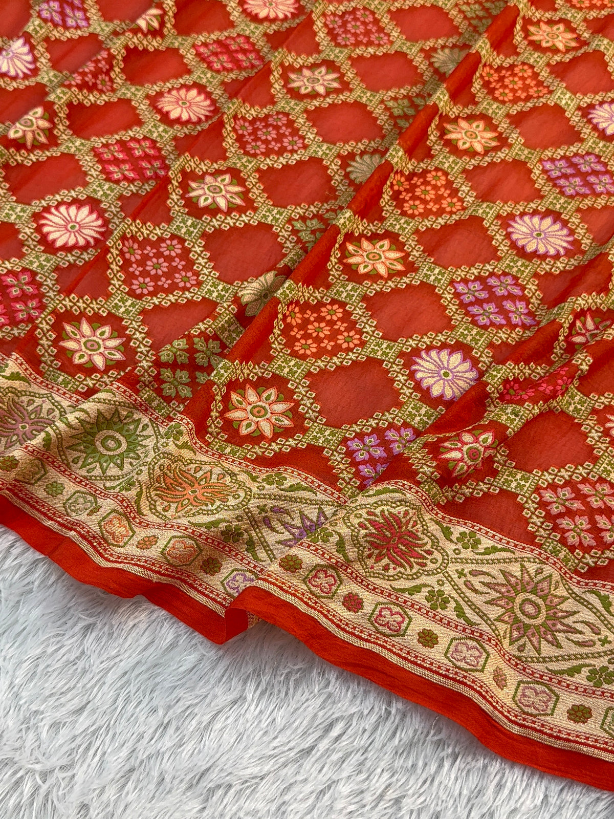 Banarasi Pure Khaddi Chiffon Saree with Meenakari Geometrical Jaal Design in Orange Colour