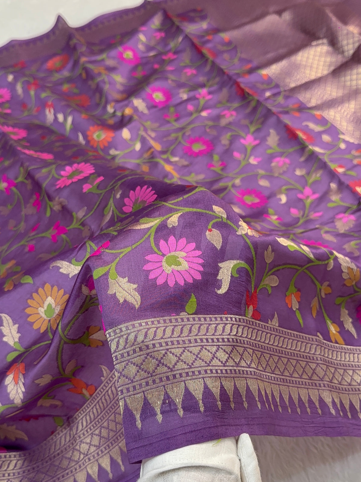 Pure Katan Silk Saree with Gold Zari And Meenakari Jaal Design in Violet Colour