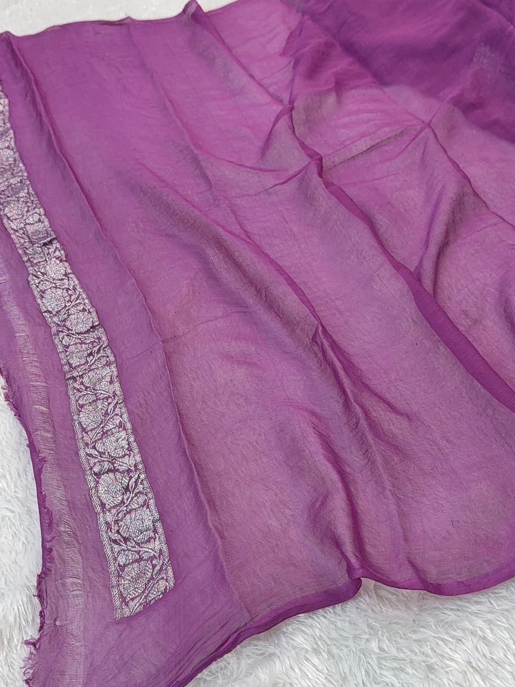 Banarasi Pure Khaddi Chiffon Saree  in Silver Zari with Small Interlocked Motifs Design in Royal Purple Colour