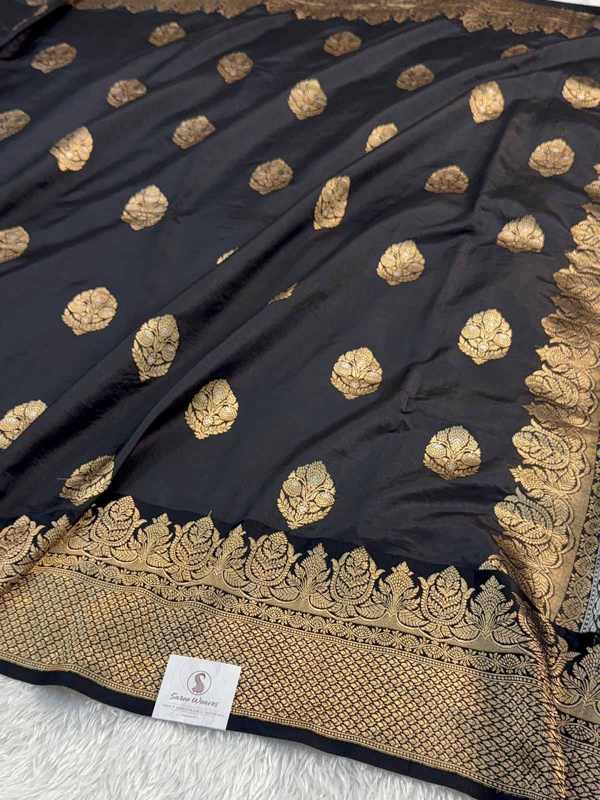 Banarasi Raw Mango Silk Saree with Satin Border and Buta Design In Black Colour
