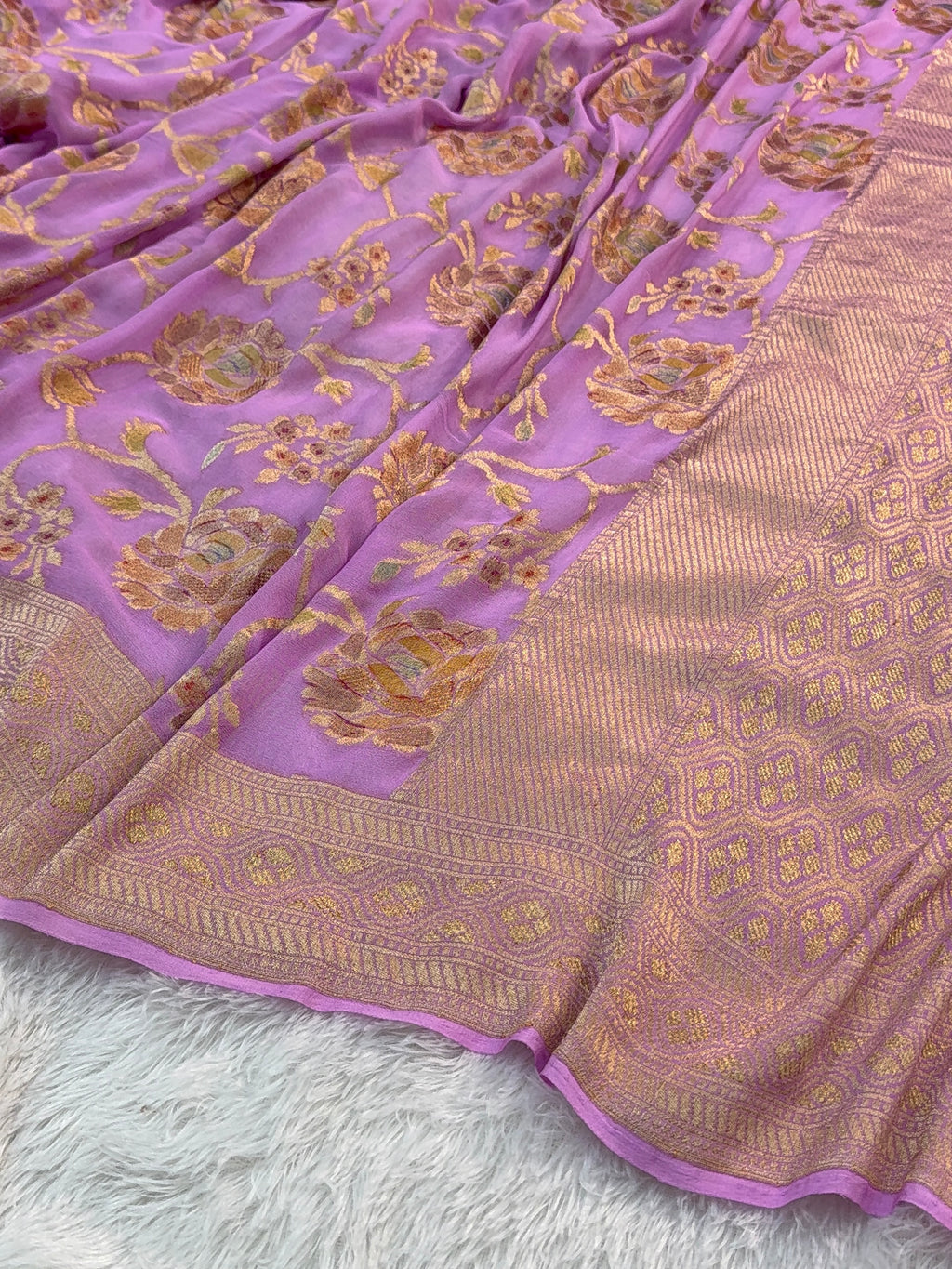 Banarasi Pure Khaddi Chiffon Saree  with Light Gold Zari Work In Floral Jaal Design with Meenakari by handbrush in Rusty Lavender Colour
