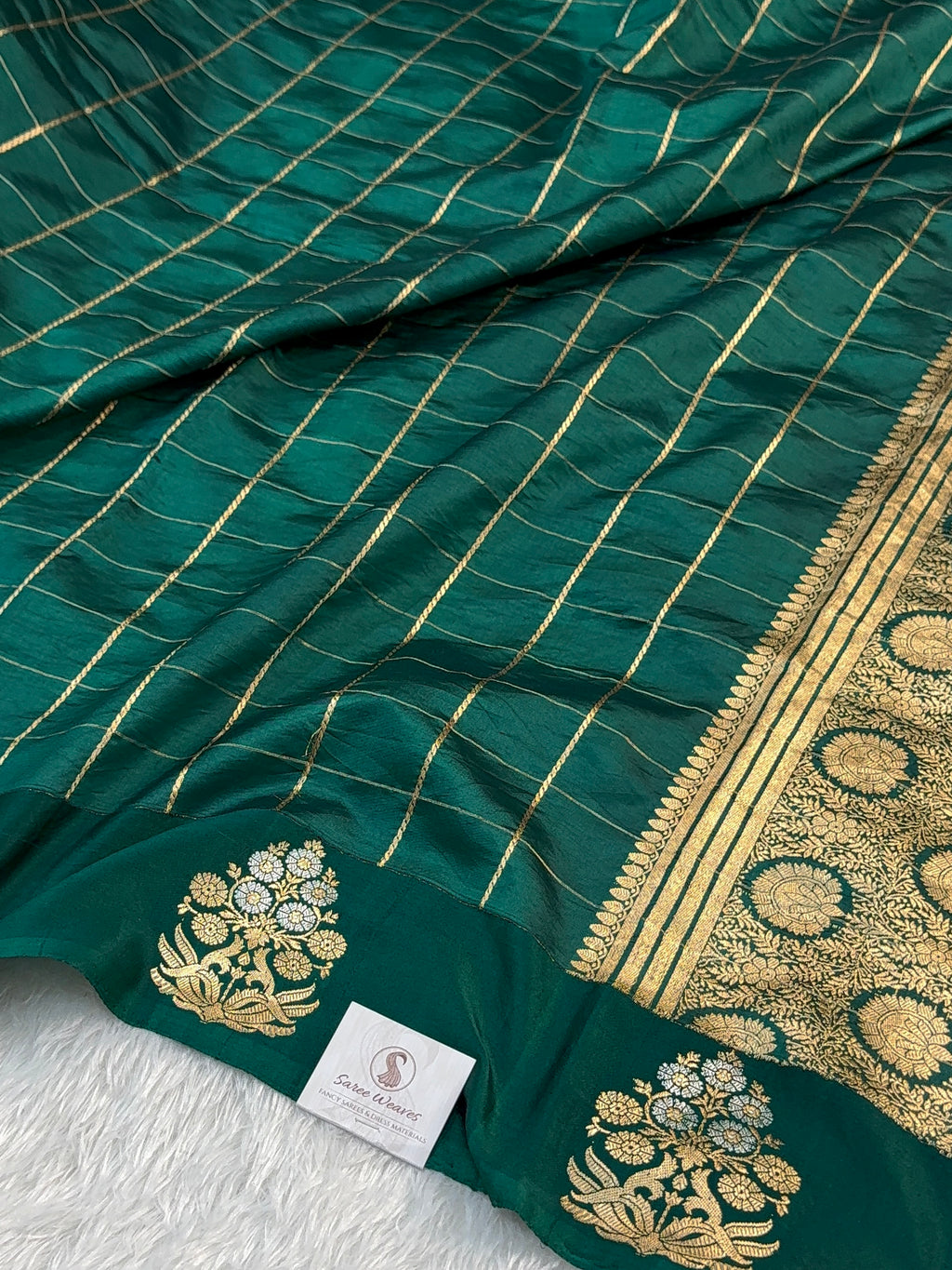 Banarasi Raw Mango Silk Saree with Satin Border with Checks Design in Dark Green Colour