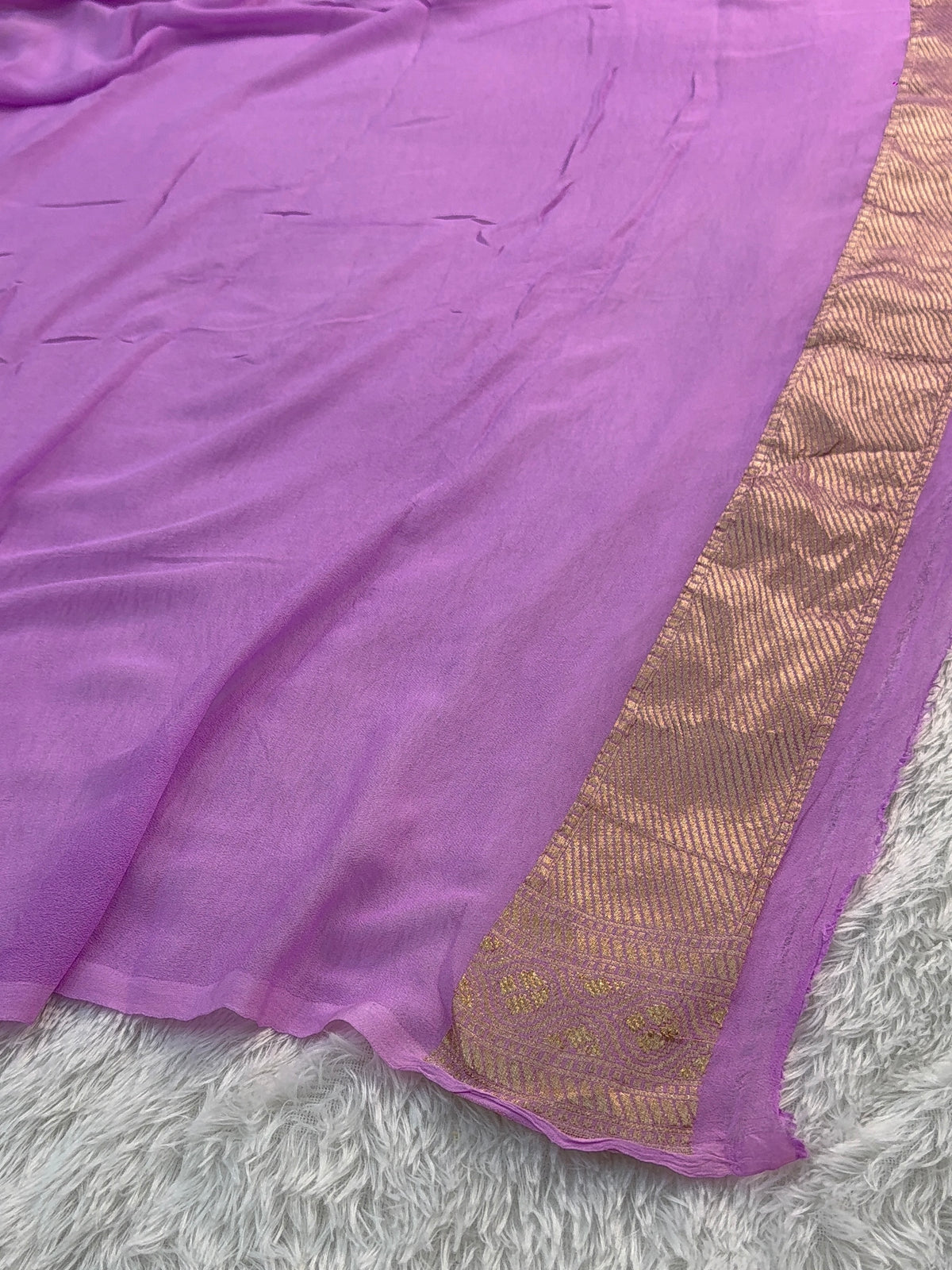 Banarasi Pure Khaddi Chiffon Saree  with Light Gold Zari Work In Floral Jaal Design with Meenakari by handbrush in Rusty Lavender Colour
